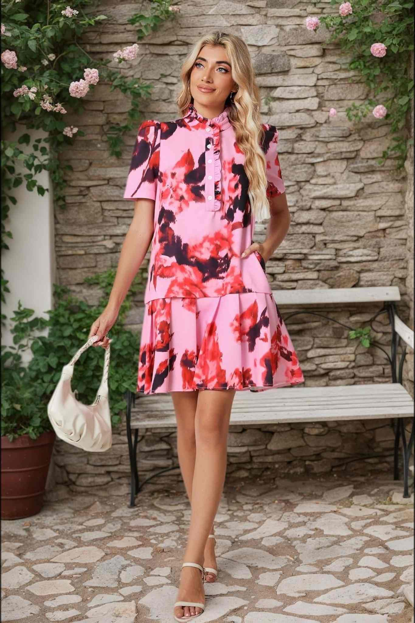 Ezapine Vintage Elegance Floral Puff Sleeve Drop Waist Pleated Dress