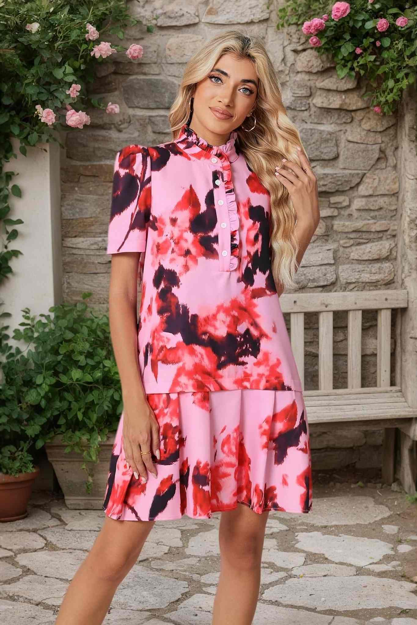 Ezapine Vintage Elegance Floral Puff Sleeve Drop Waist Pleated Dress