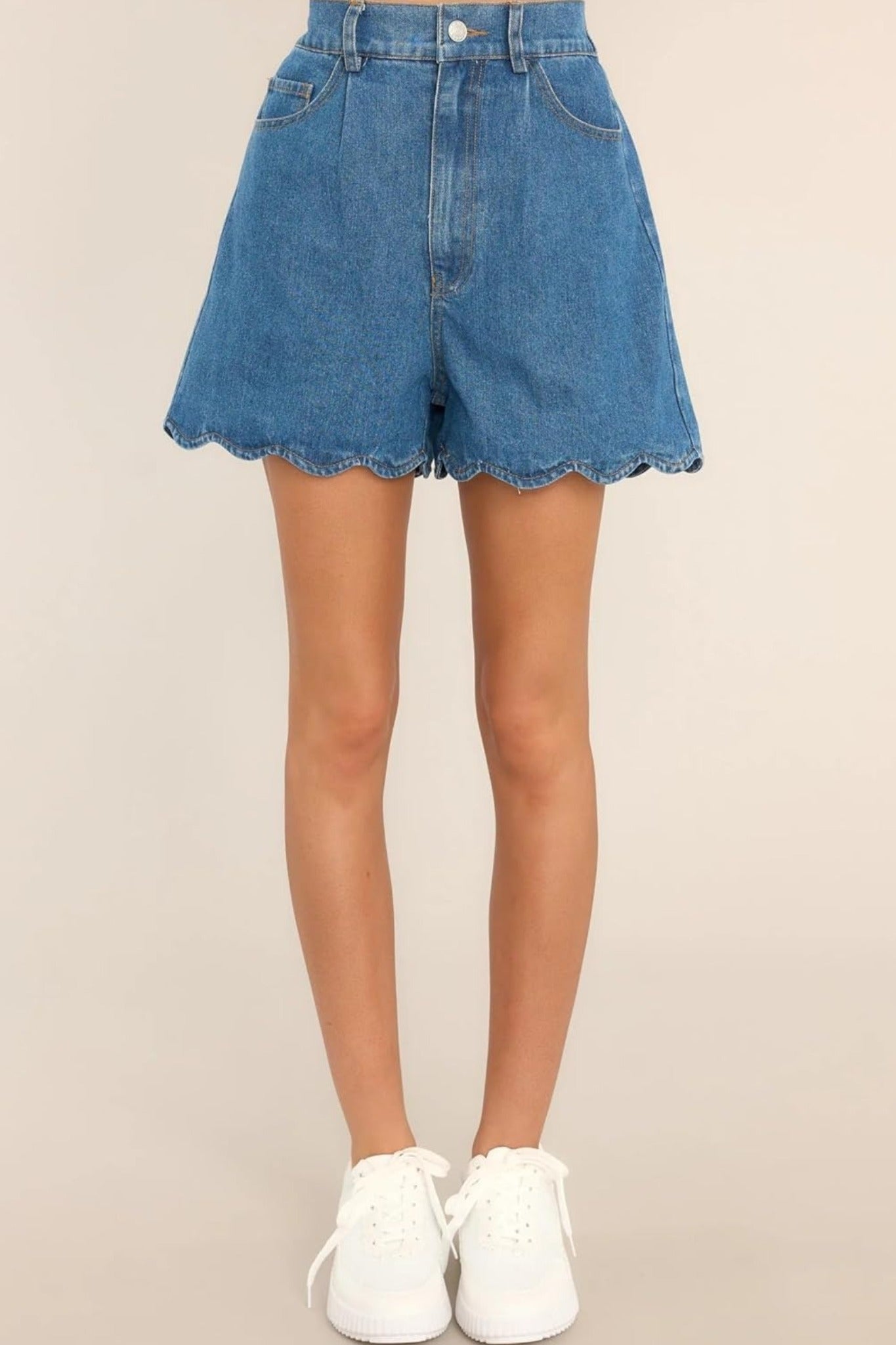 Ezapine Sweet Scallop High Waisted Wide Leg Denim Shorts