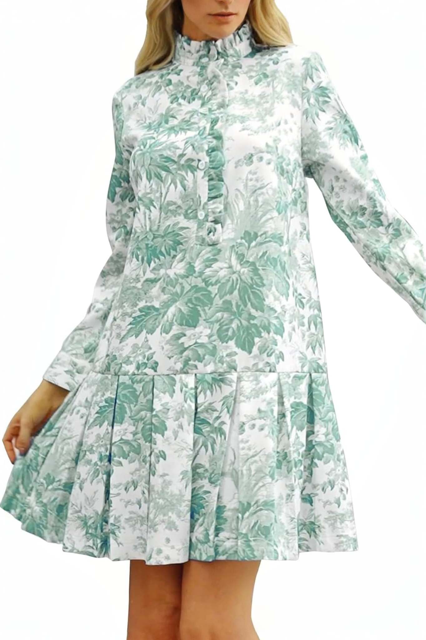 Ezapine Vintage Floral Print Ruffle Neck Pleated Tea Dress