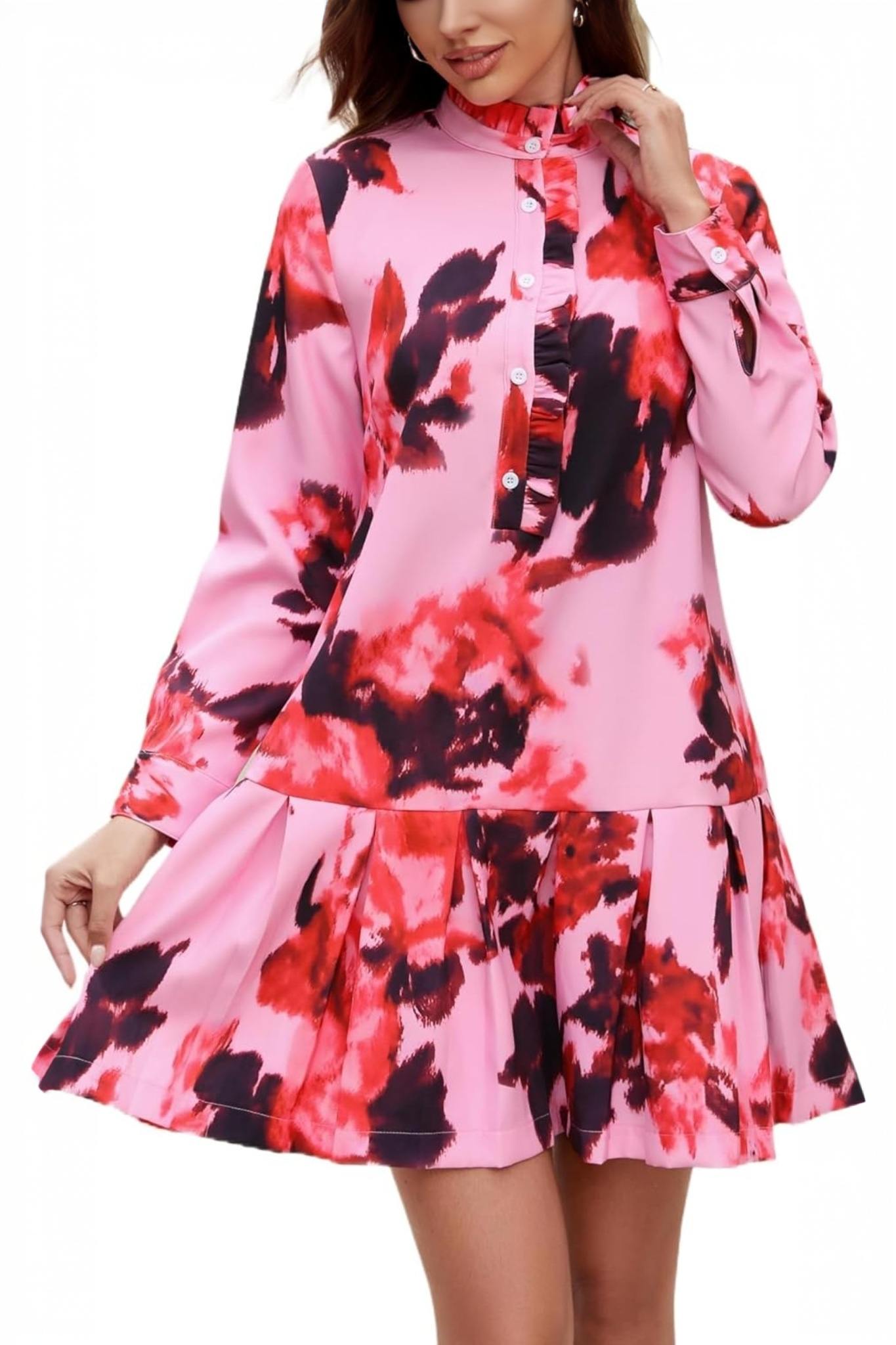 Ezapine Vintage Floral Print Ruffle Neck Pleated Tea Dress