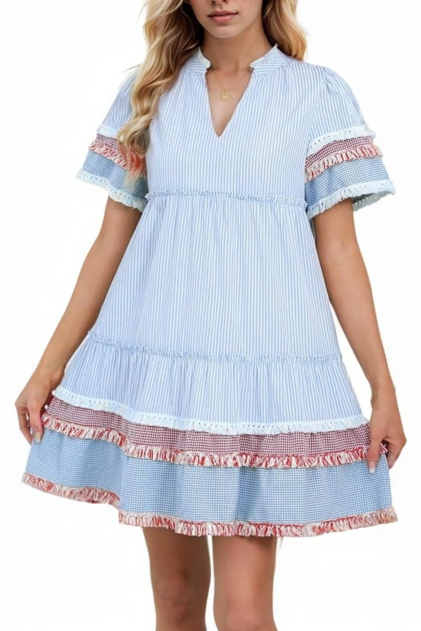 Ezapine Fringe Hem Flowy Striped Mini Dress