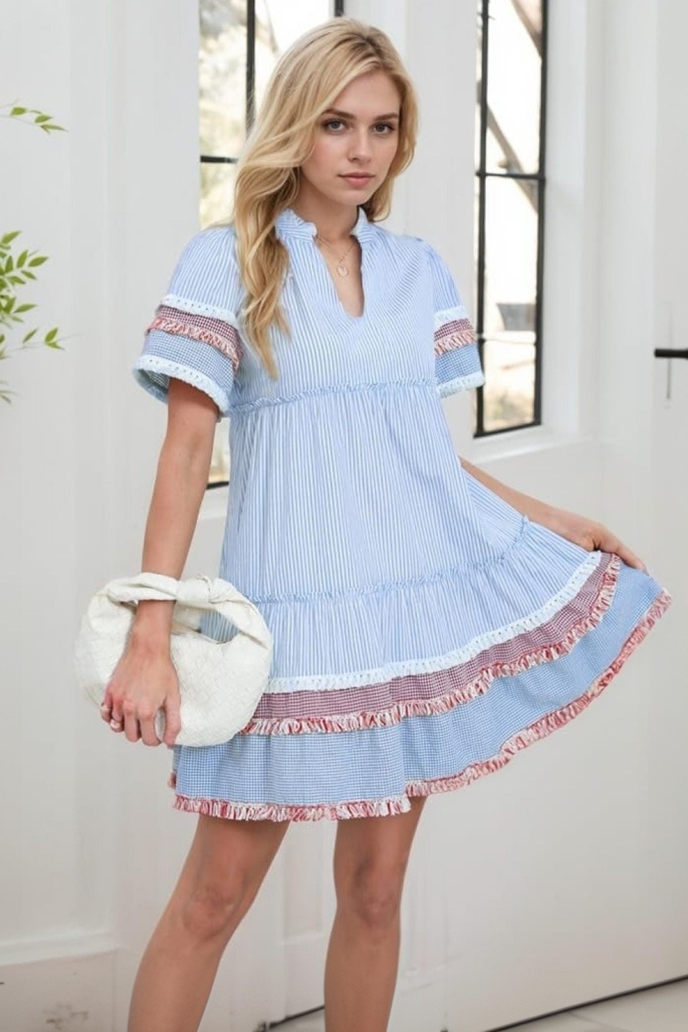 Ezapine Fringe Hem Flowy Striped Mini Dress
