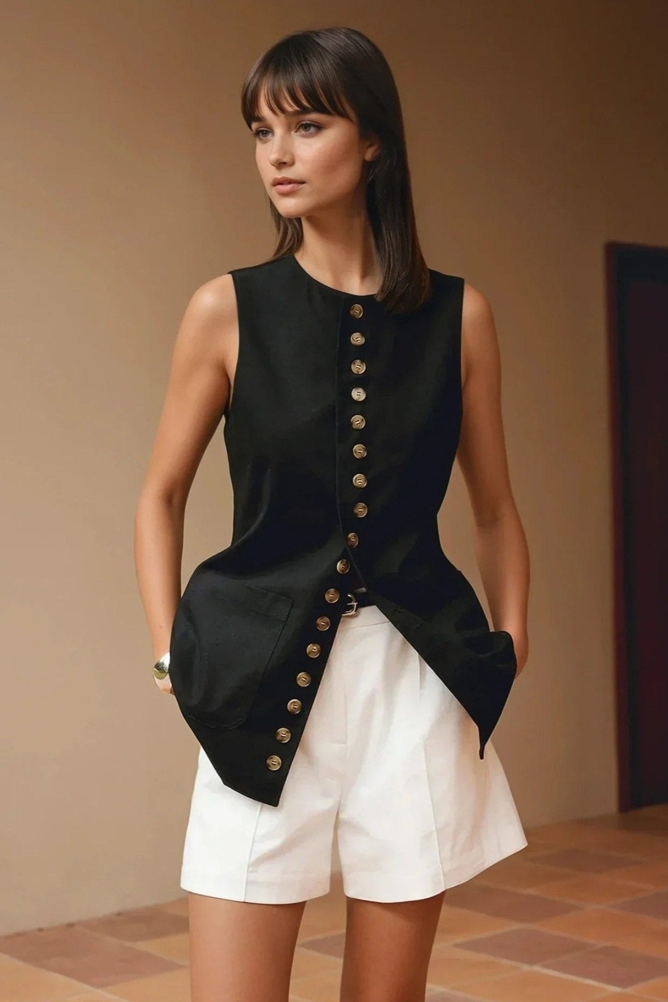Ezapine Cotton Linen Longline Vest Button Down Sleeveless Tunic Top