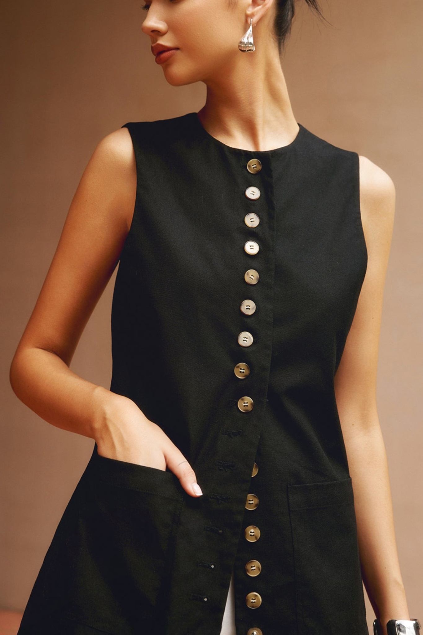 Ezapine Cotton Linen Longline Vest Button Down Sleeveless Tunic Top