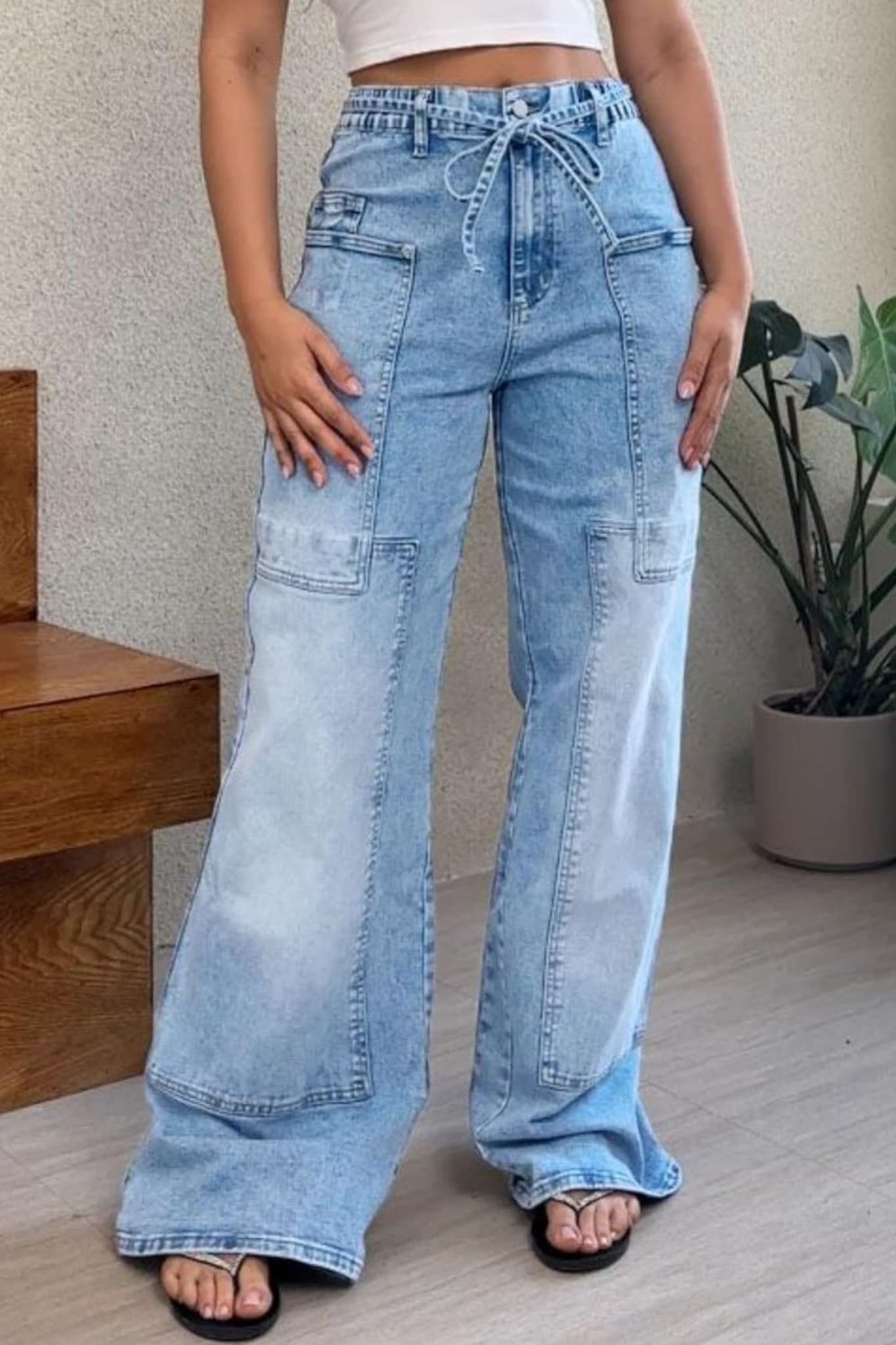 Ezapine Wide Leg Baggy Jeans With Belt