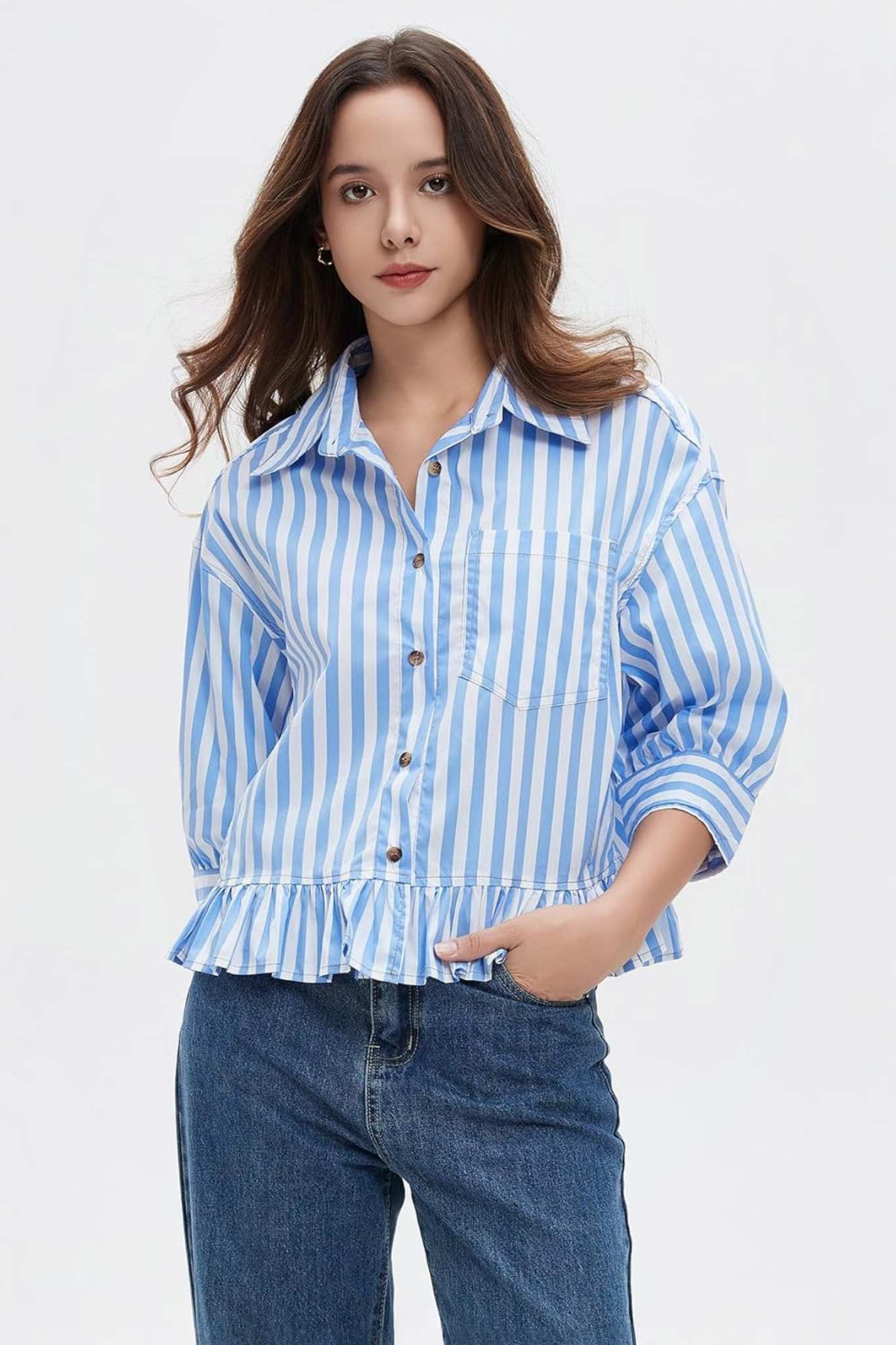 Ezapine Effortless Striped Peplum Button-Down Blouse | 3/4 Sleeve Ruffled Hem Top