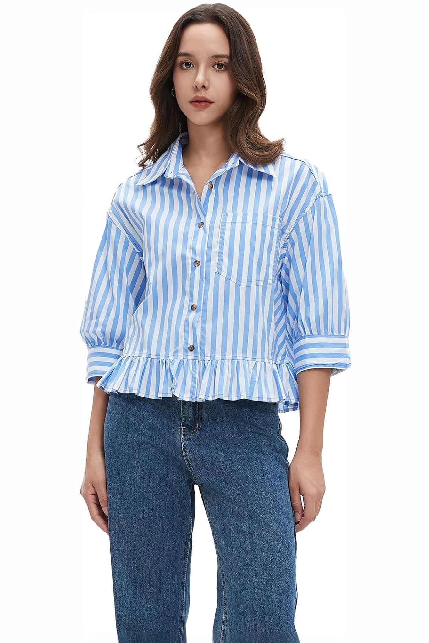 Ezapine Effortless Striped Peplum Button-Down Blouse | 3/4 Sleeve Ruffled Hem Top