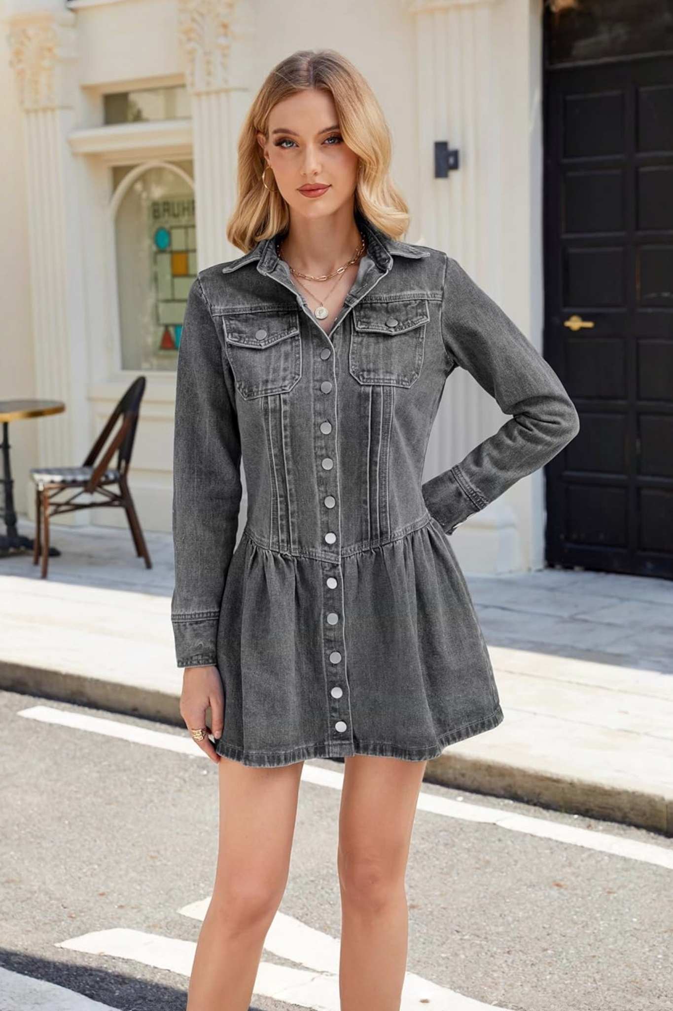 Ezapine Vintage Wash Grey Denim Button Down Peplum Mini Dress