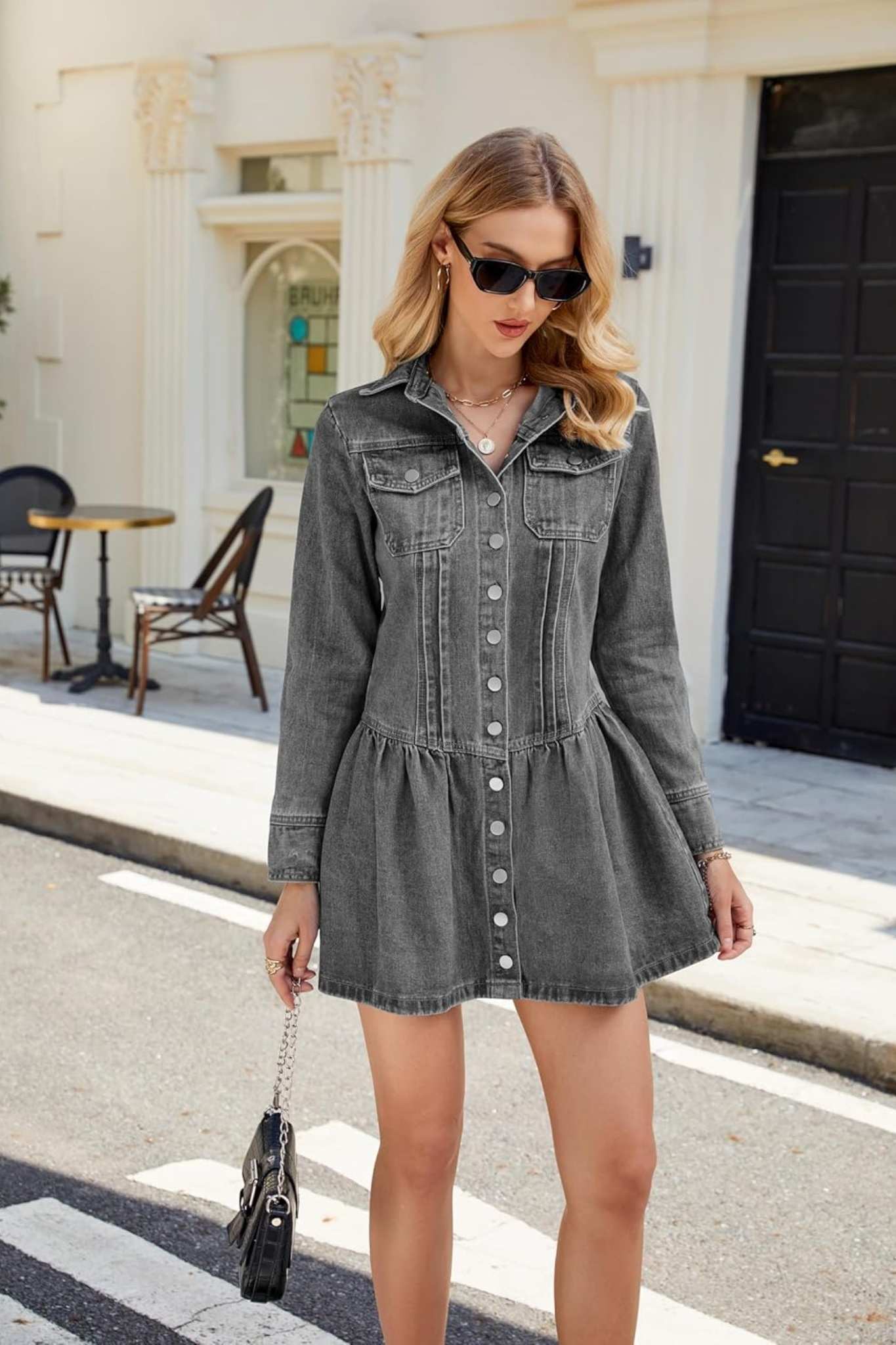 Ezapine Vintage Wash Grey Denim Button Down Peplum Mini Dress