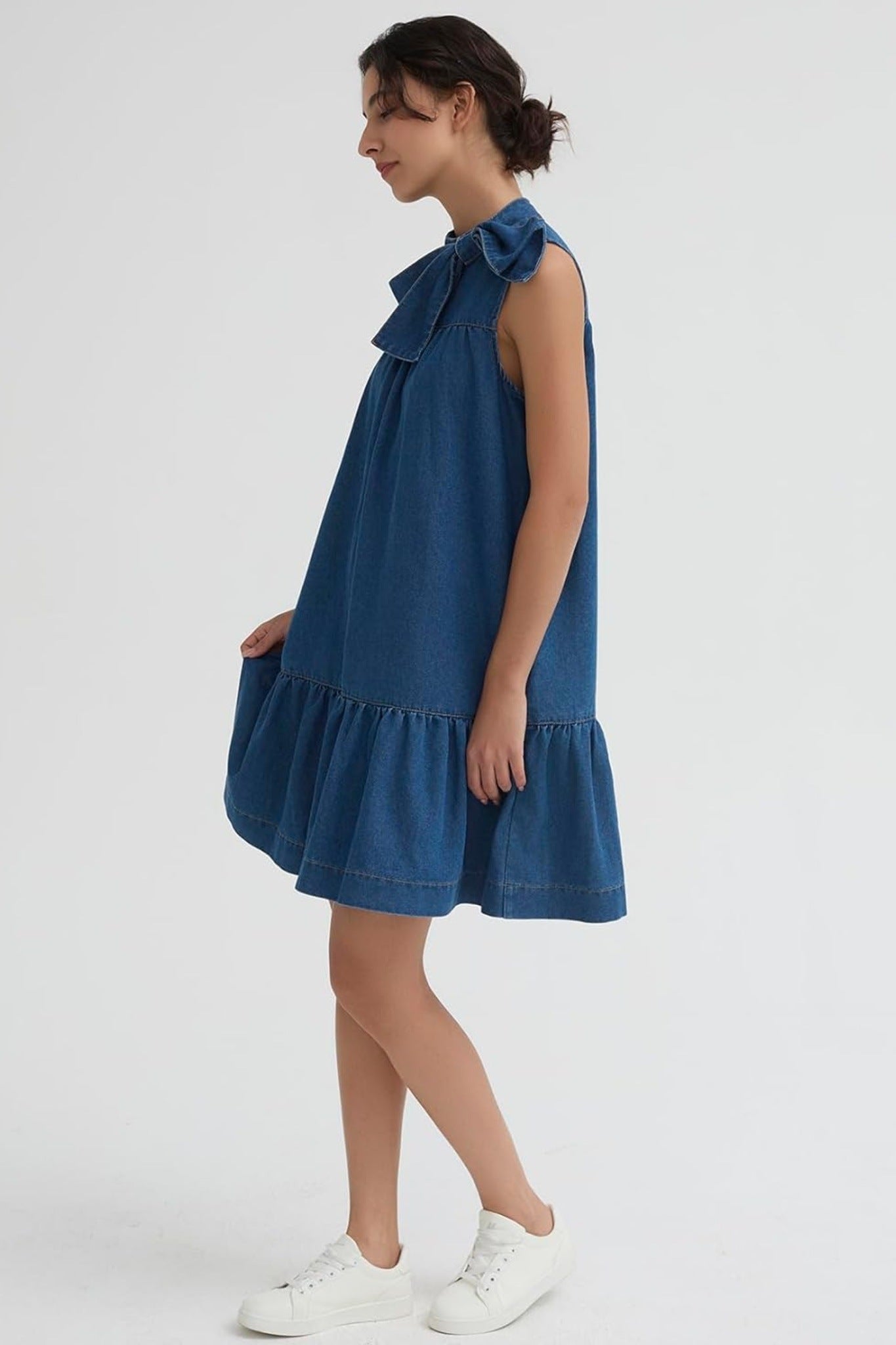 Ezapine Sleeveless Denim Shift Dress With Bow Tie And Ruffle Hem
