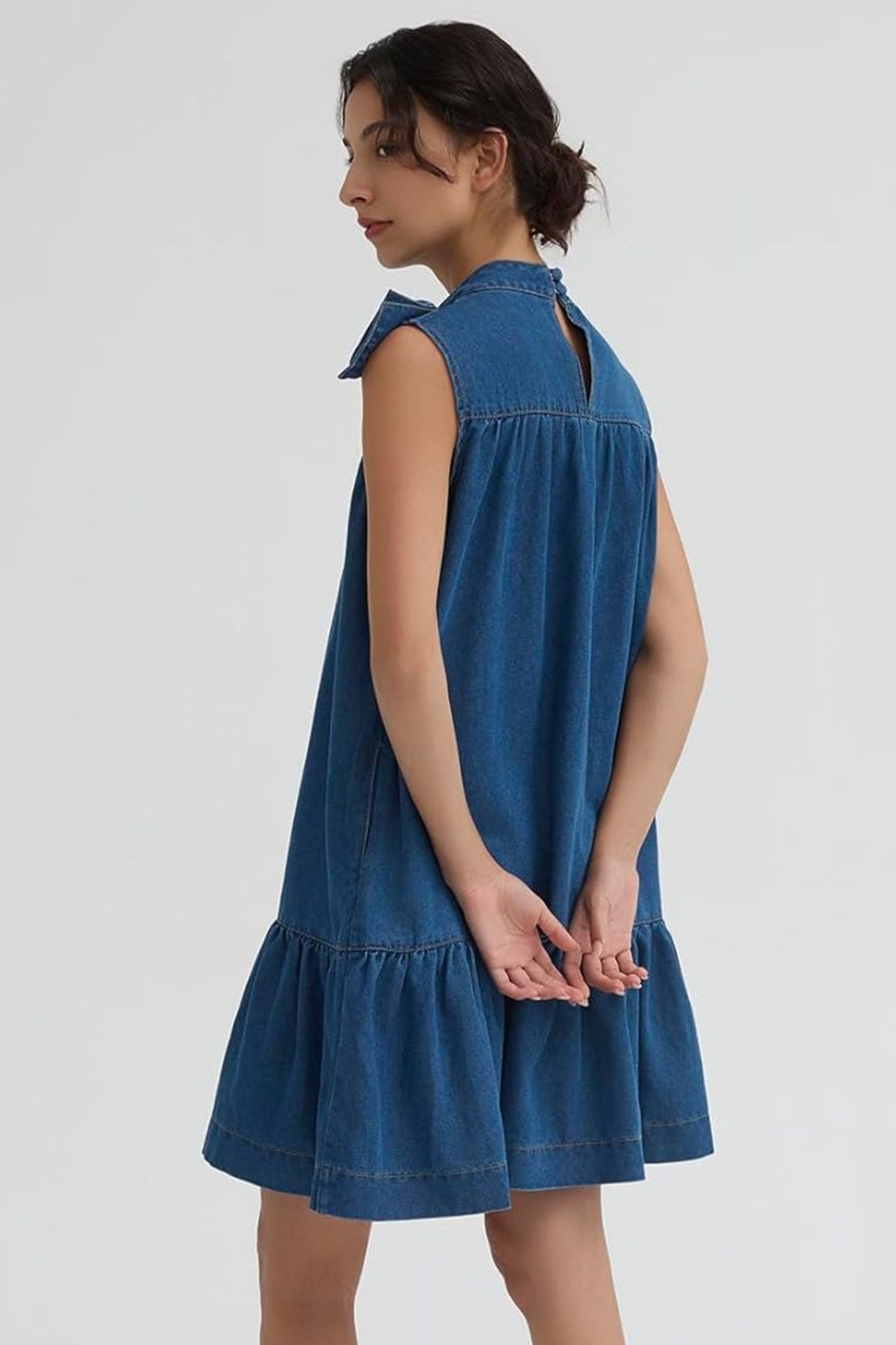 Ezapine Sleeveless Denim Shift Dress With Bow Tie And Ruffle Hem