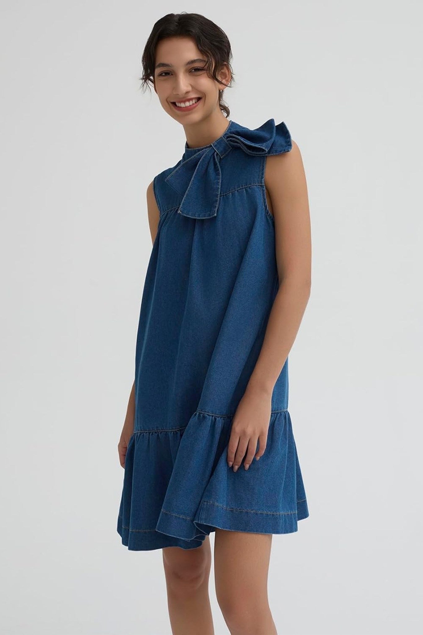 Ezapine Sleeveless Denim Shift Dress With Bow Tie And Ruffle Hem