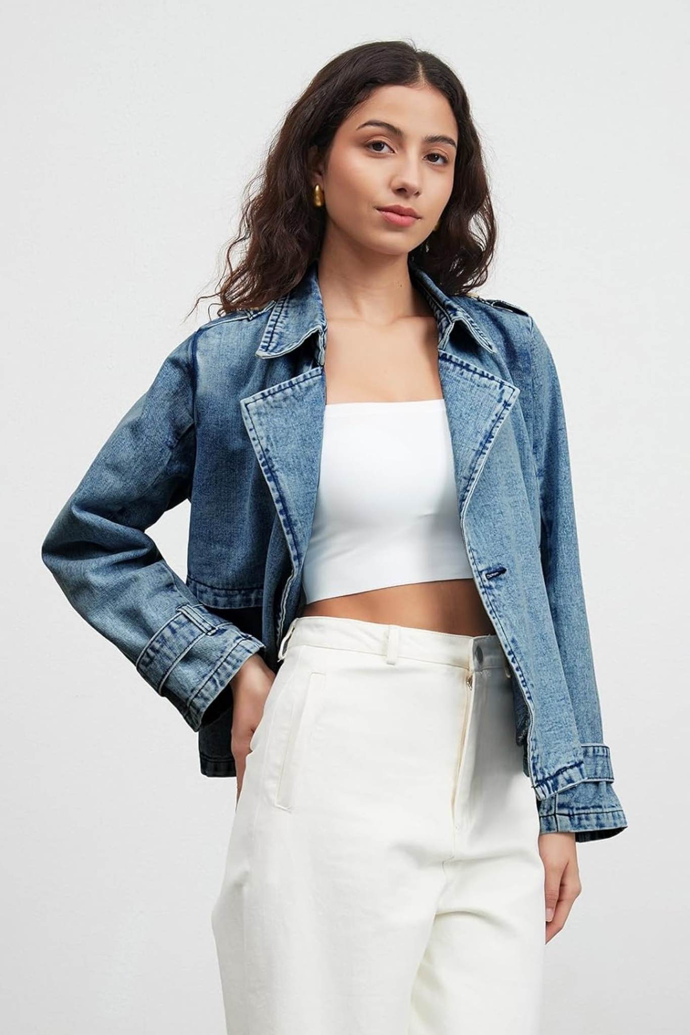 Ezapine Vintage Chic Double Breasted Lapel Denim Jacket For Women