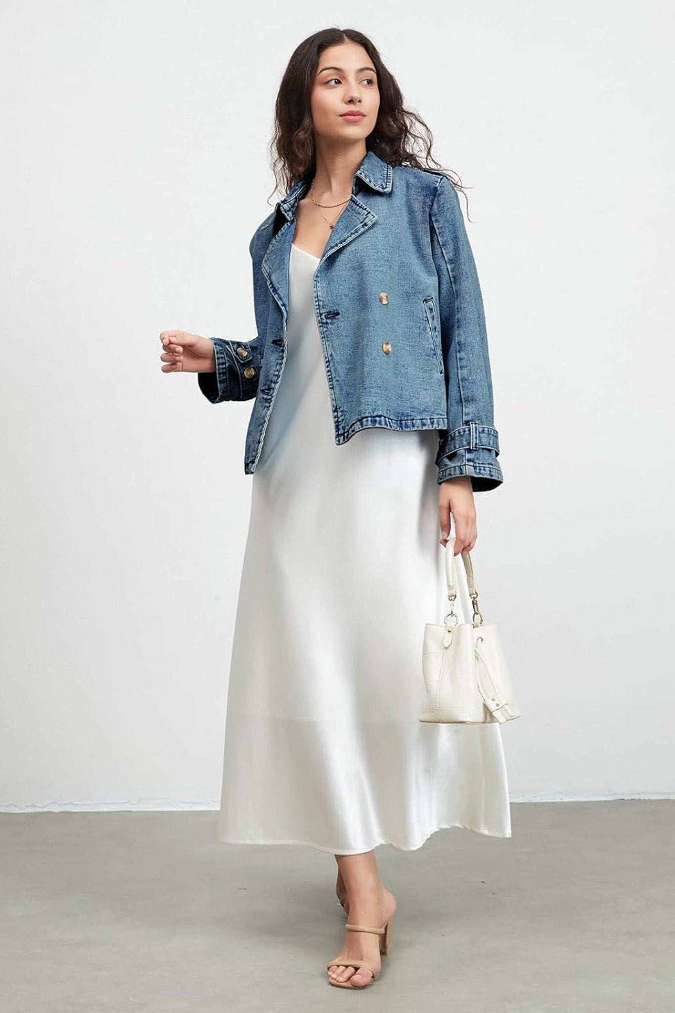 Ezapine Vintage Chic Double Breasted Lapel Denim Jacket For Women