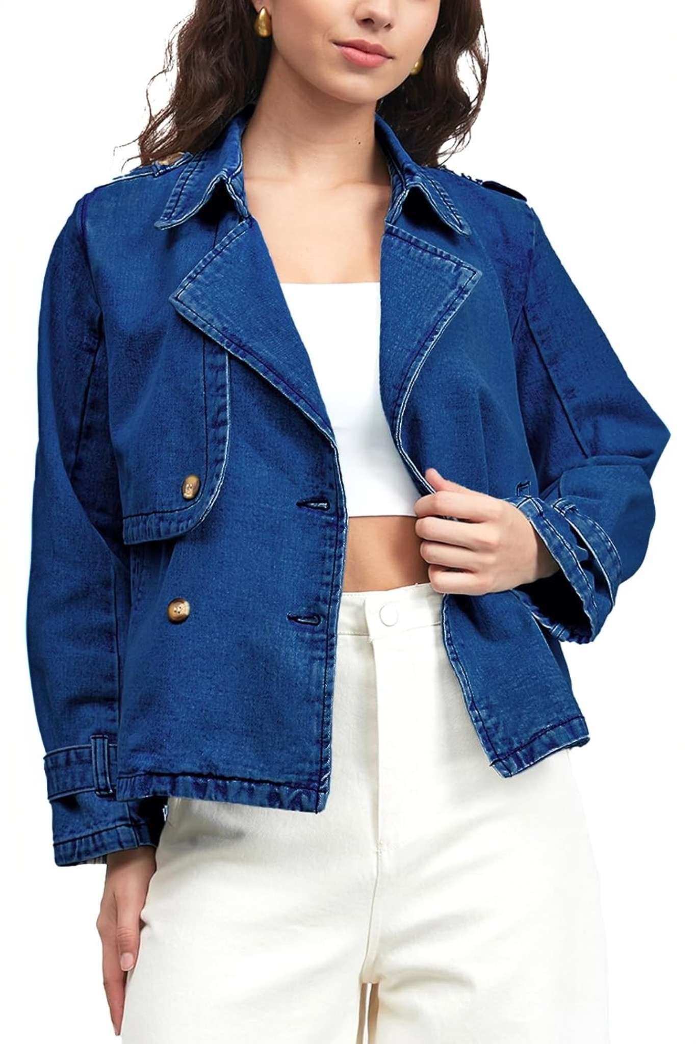 Ezapine Vintage Chic Double Breasted Lapel Denim Jacket For Women