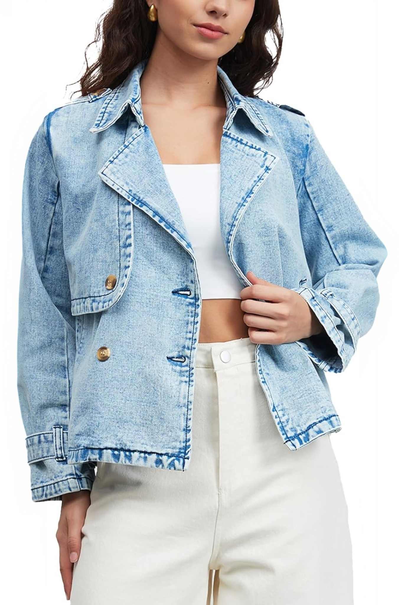 Ezapine Vintage Chic Double Breasted Lapel Denim Jacket For Women