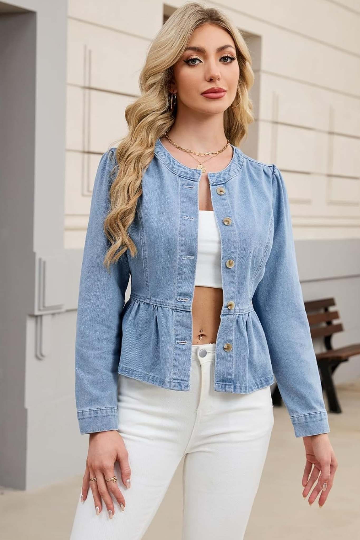 Ezapine Button Down Crew Neck Ruffle Hem Cropped Denim Jacket