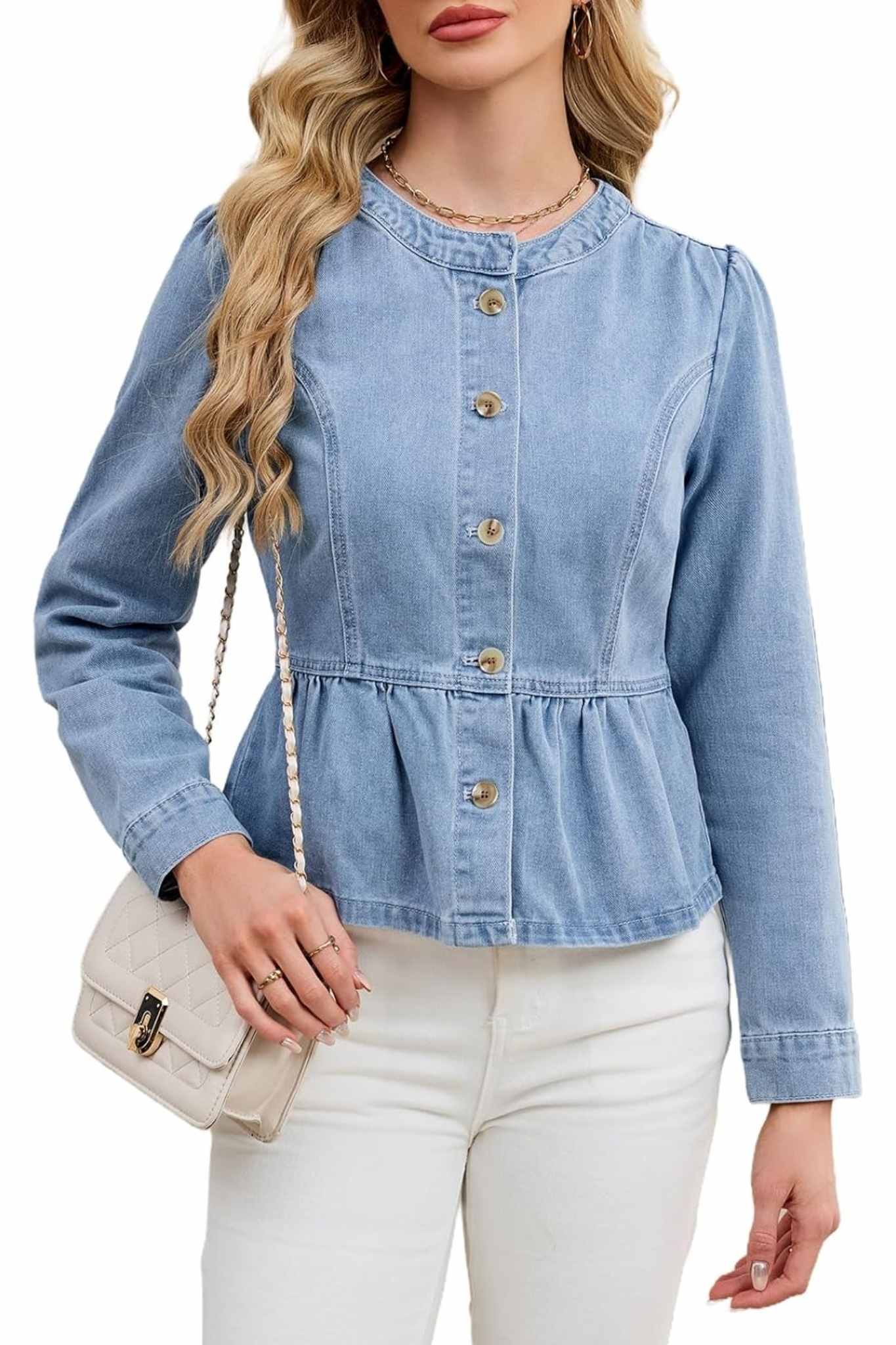 Ezapine Button Down Crew Neck Ruffle Hem Cropped Denim Jacket