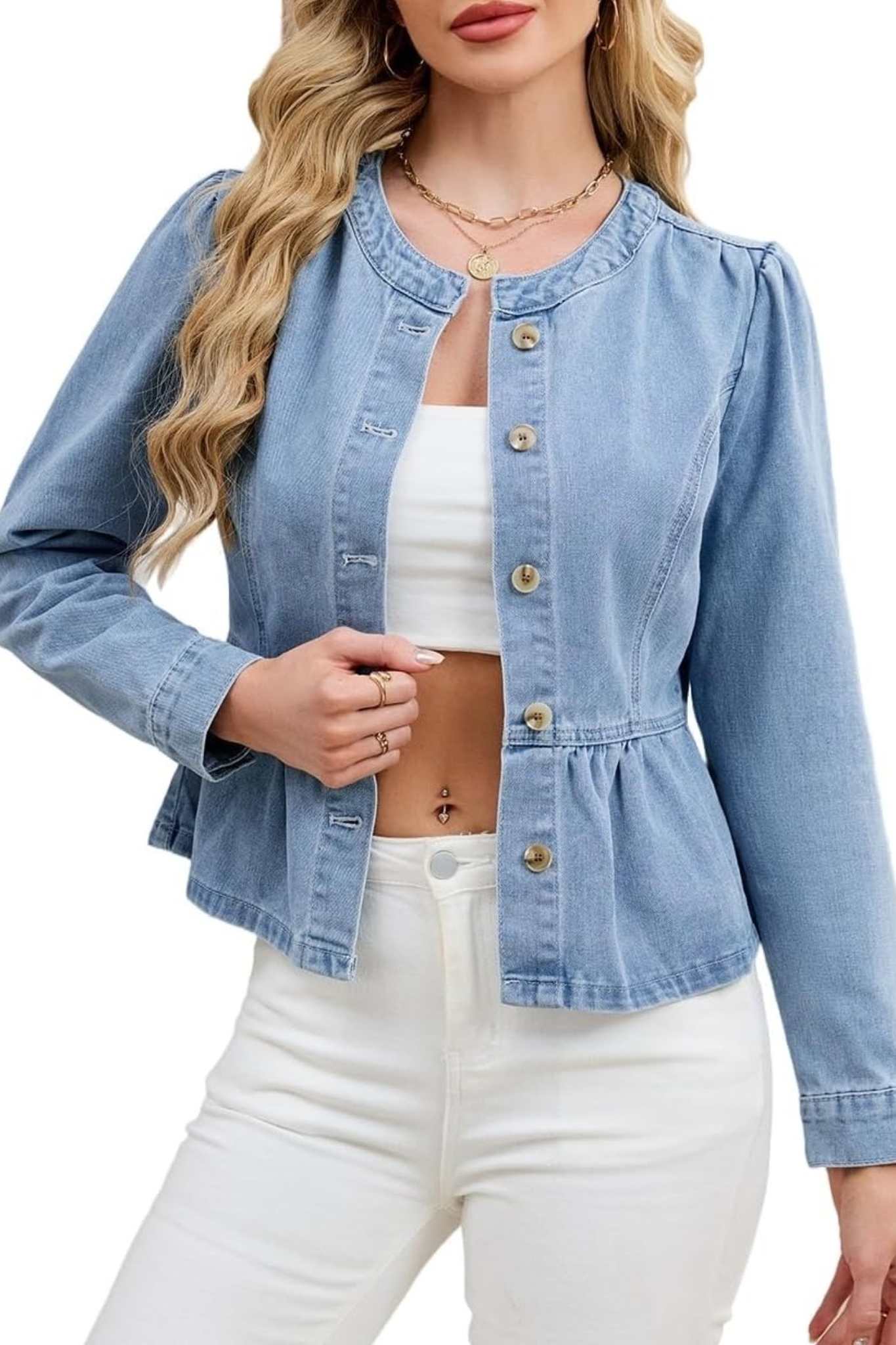 Ezapine Button Down Crew Neck Ruffle Hem Cropped Denim Jacket