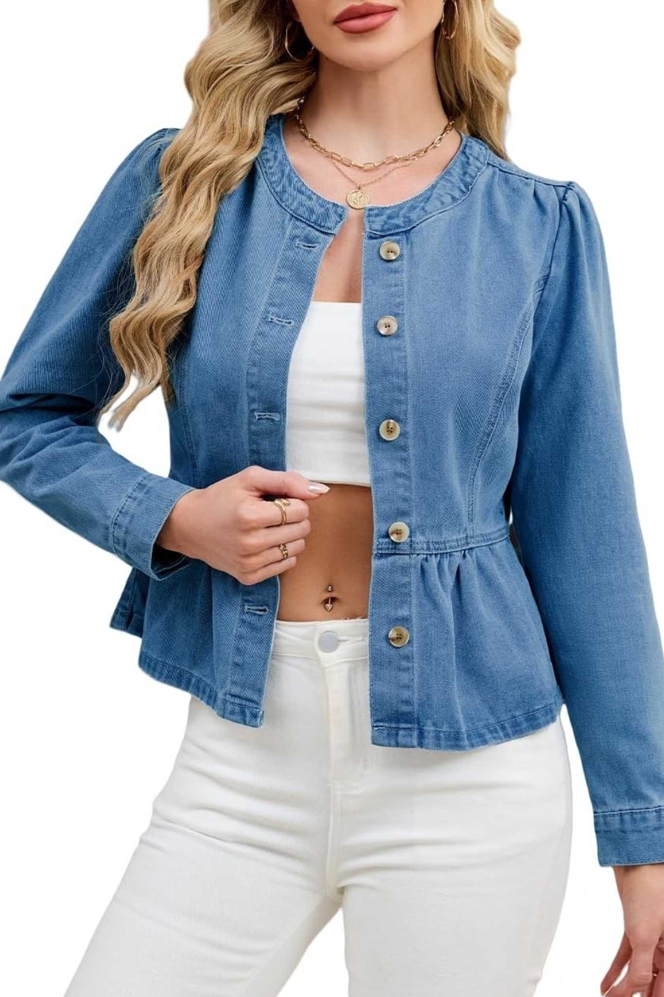 Ezapine Button Down Crew Neck Ruffle Hem Cropped Denim Jacket