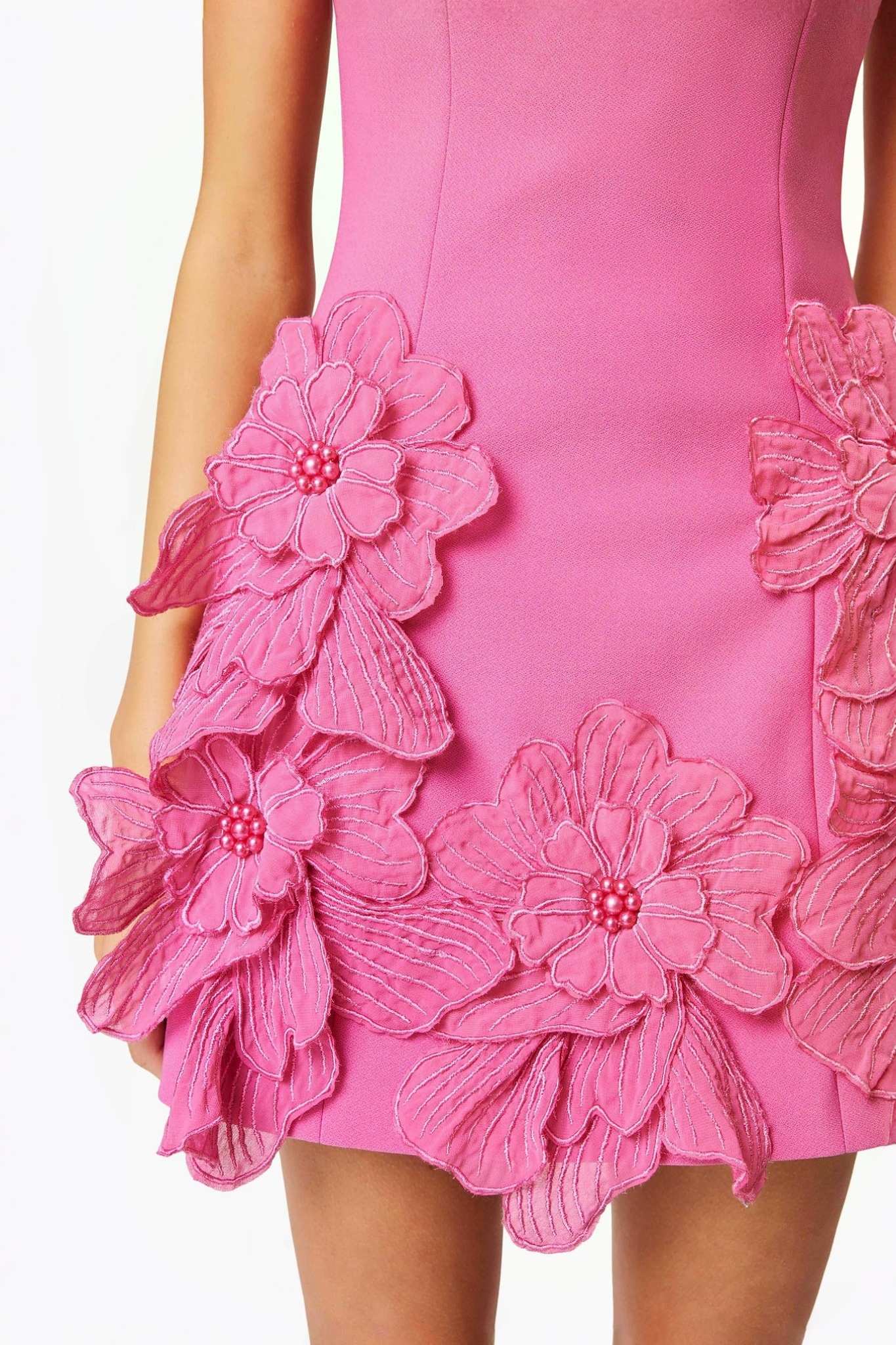 Ezabutus 3D Floral Wide Neck A Line Mini Dress – Pink & White