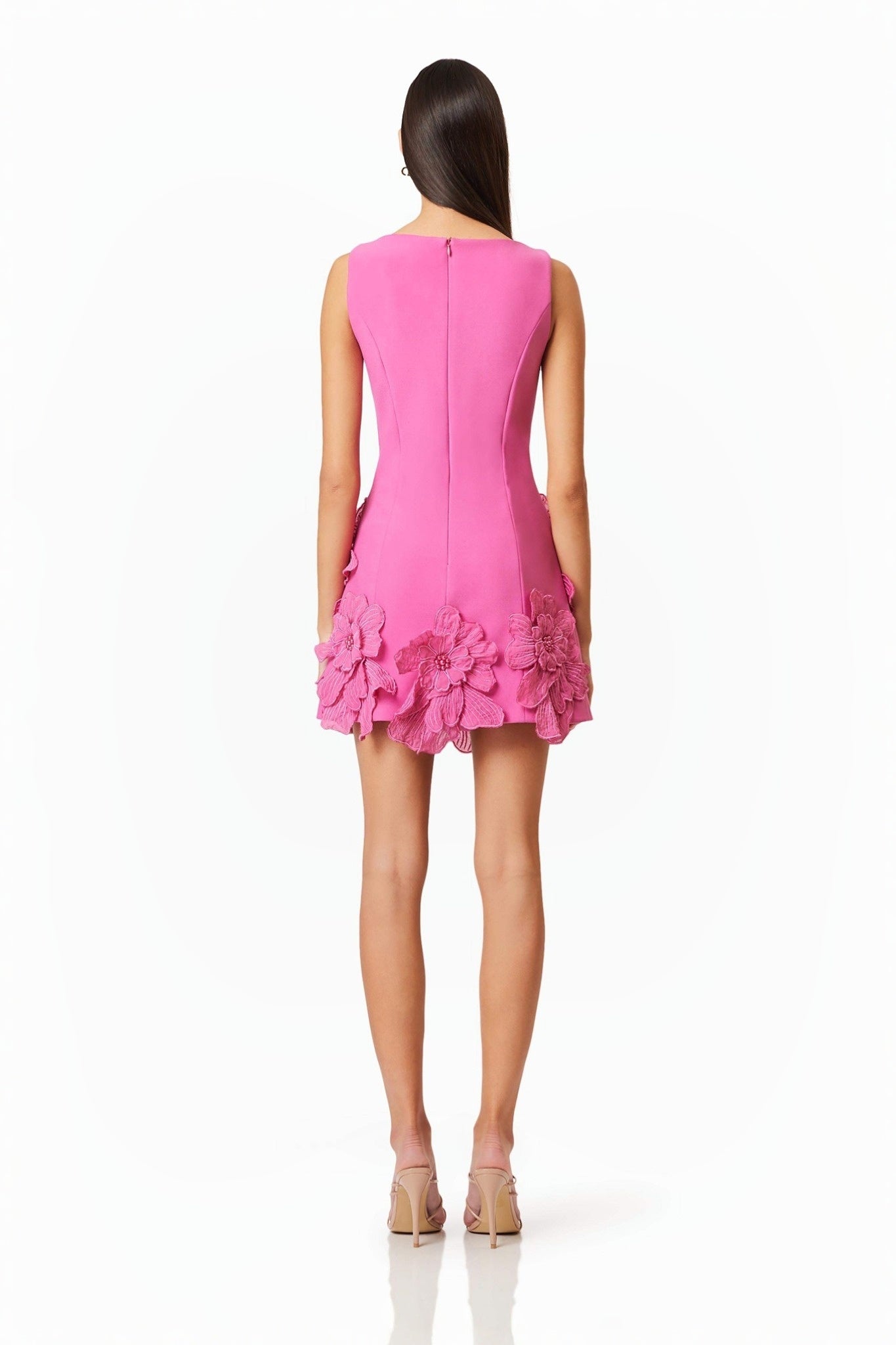 Ezabutus 3D Floral Wide Neck A Line Mini Dress – Pink & White