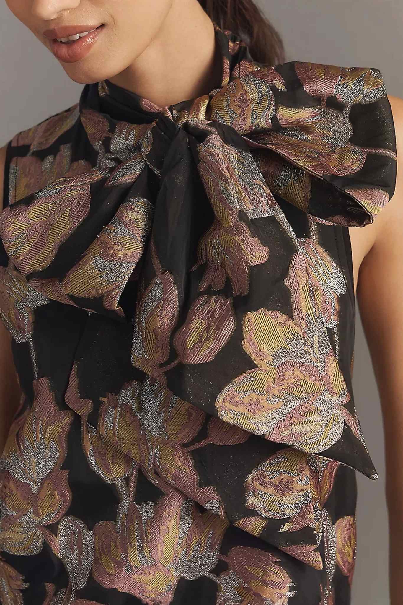 Ezabutus Floral Jacquard Mini Dress With Oversized Bow Neckline