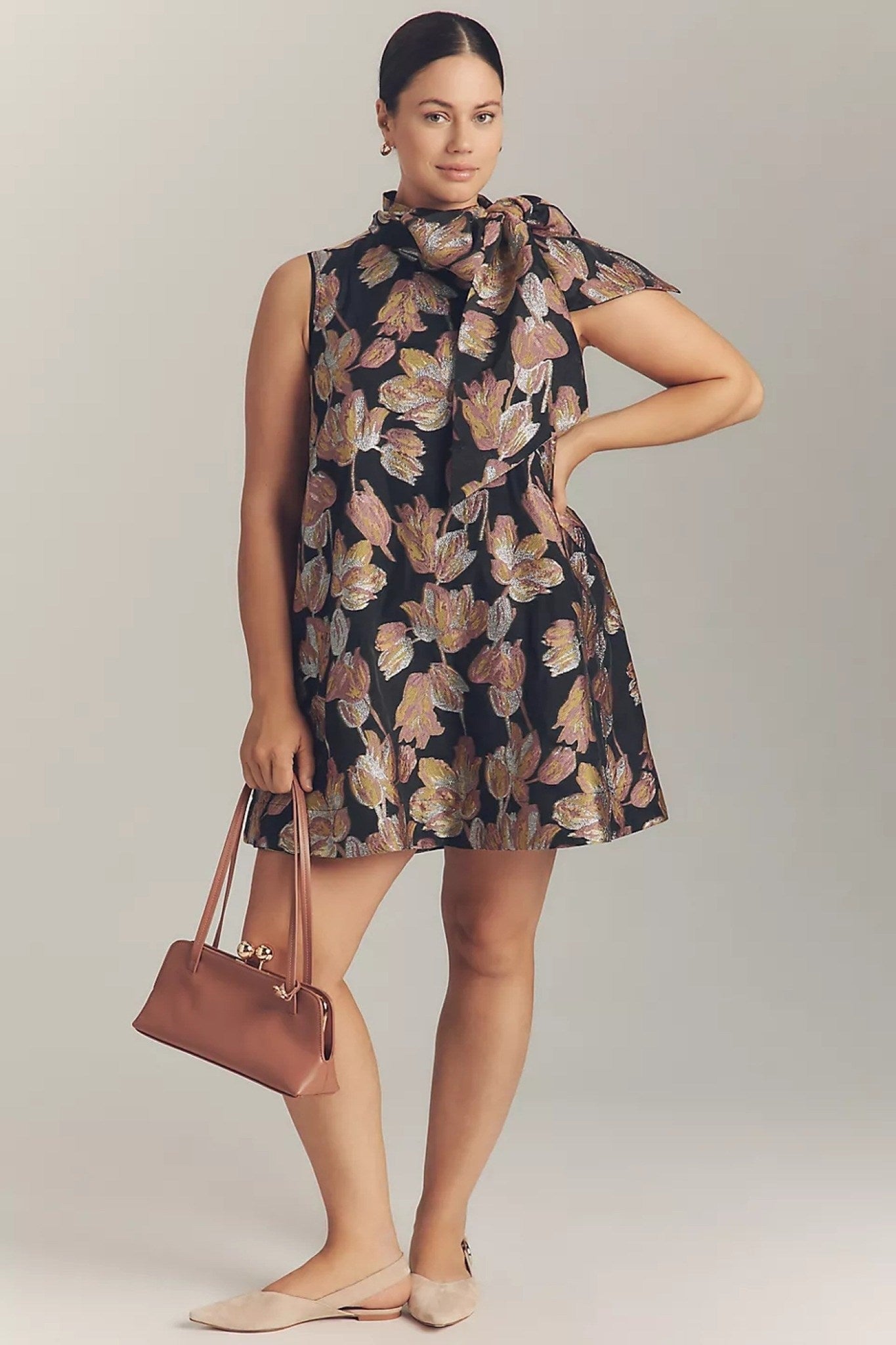 Ezabutus Floral Jacquard Mini Dress With Oversized Bow Neckline