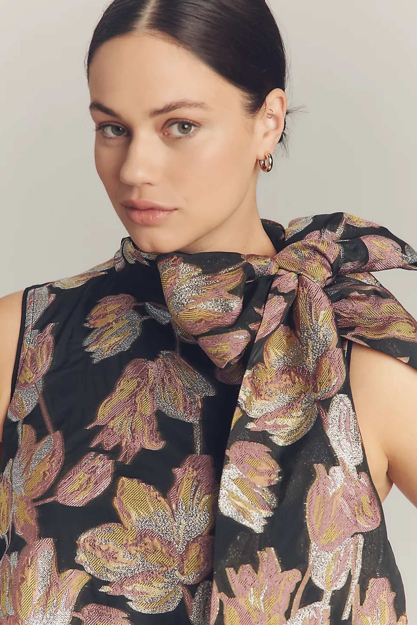 Ezabutus Floral Jacquard Mini Dress With Oversized Bow Neckline