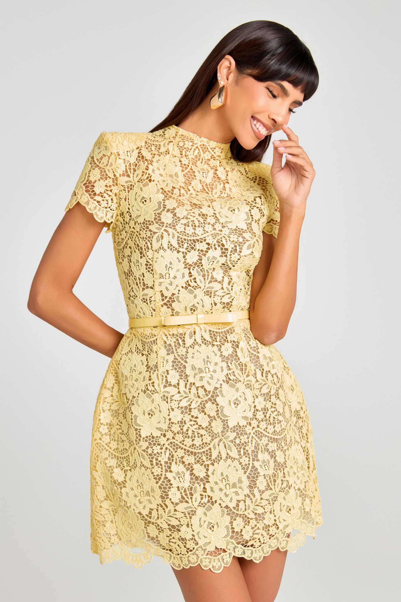 Ezabutus Floral Lace Mini Dress With Nude Lining – Available in Yellow, Black & White