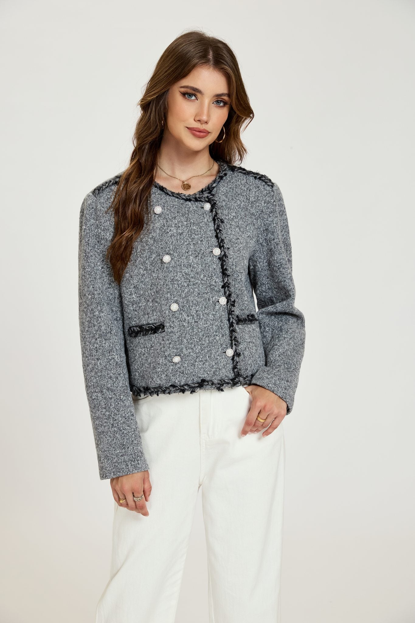 Ezabutus Grey Tweed Jacket With Fringe Trim and Pearl Buttons