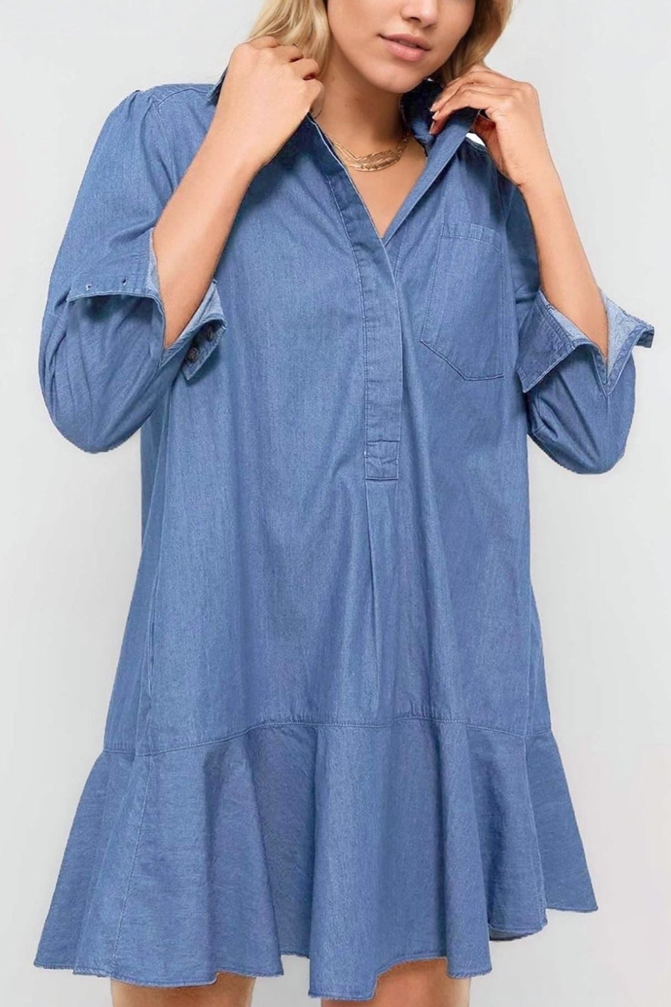 Yexpine Flowy Button Down Denim Dress
