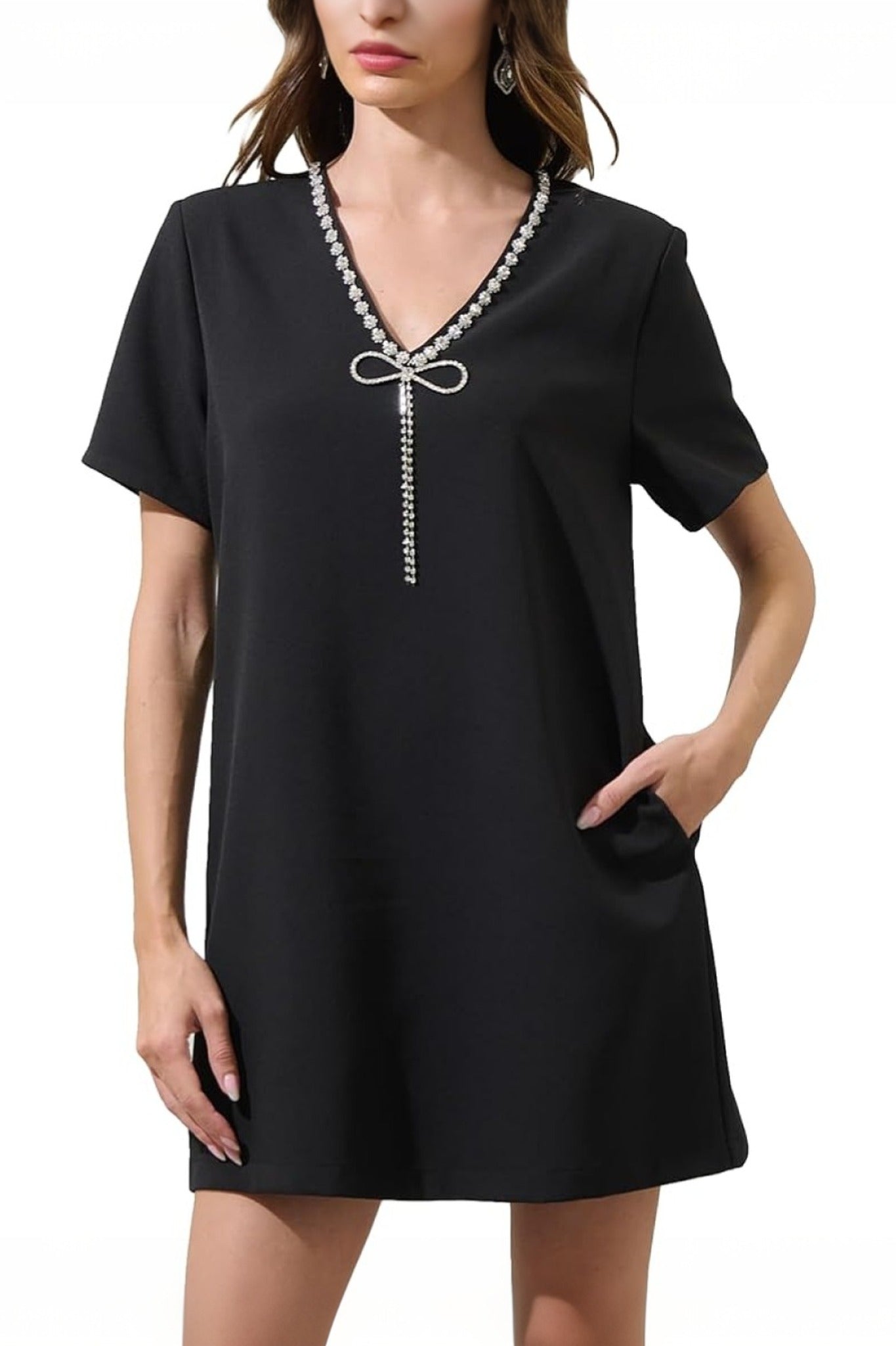 Yexpine V Neck Rhinestone Party Mini Dress With Bow