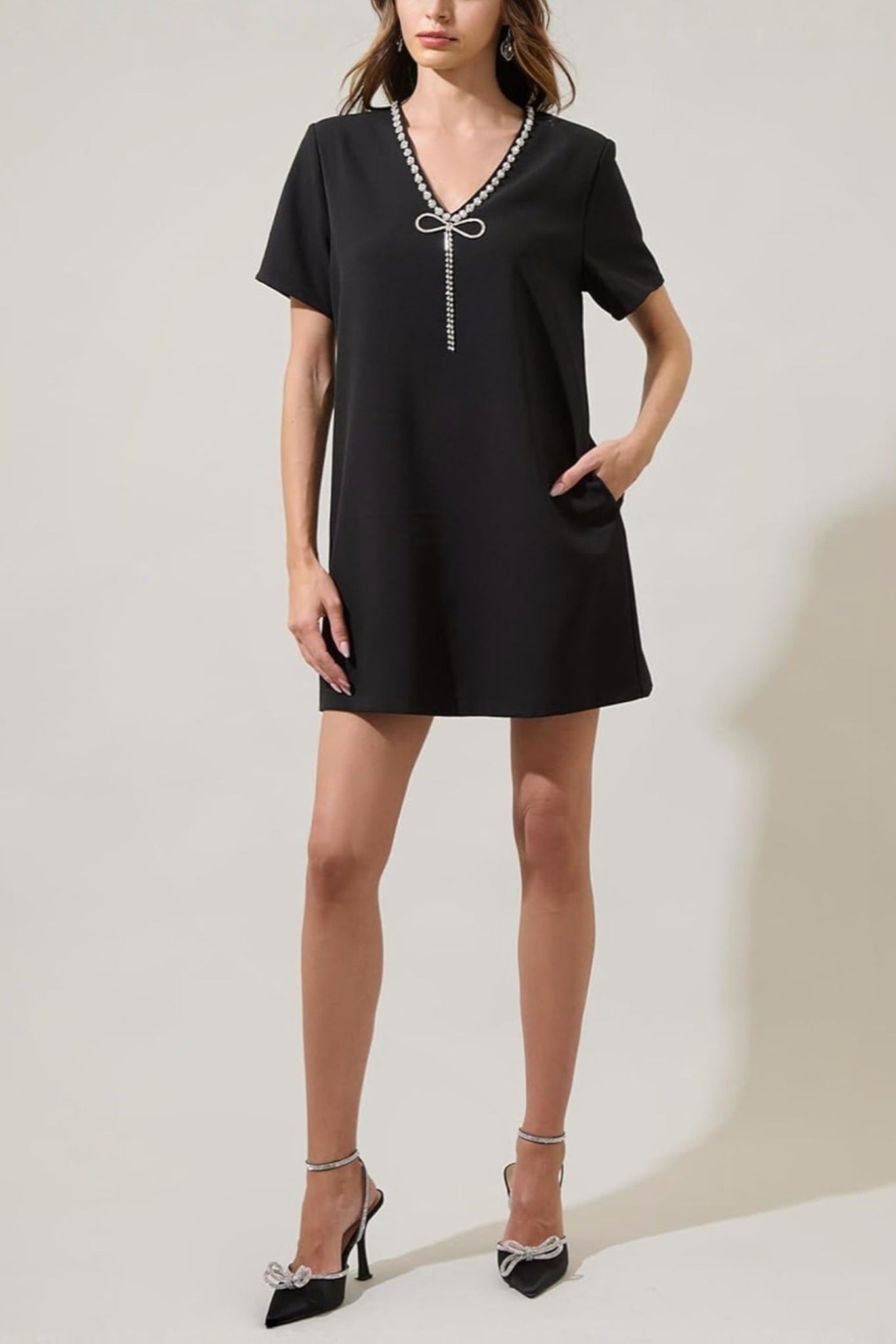 Yexpine V Neck Rhinestone Party Mini Dress With Bow