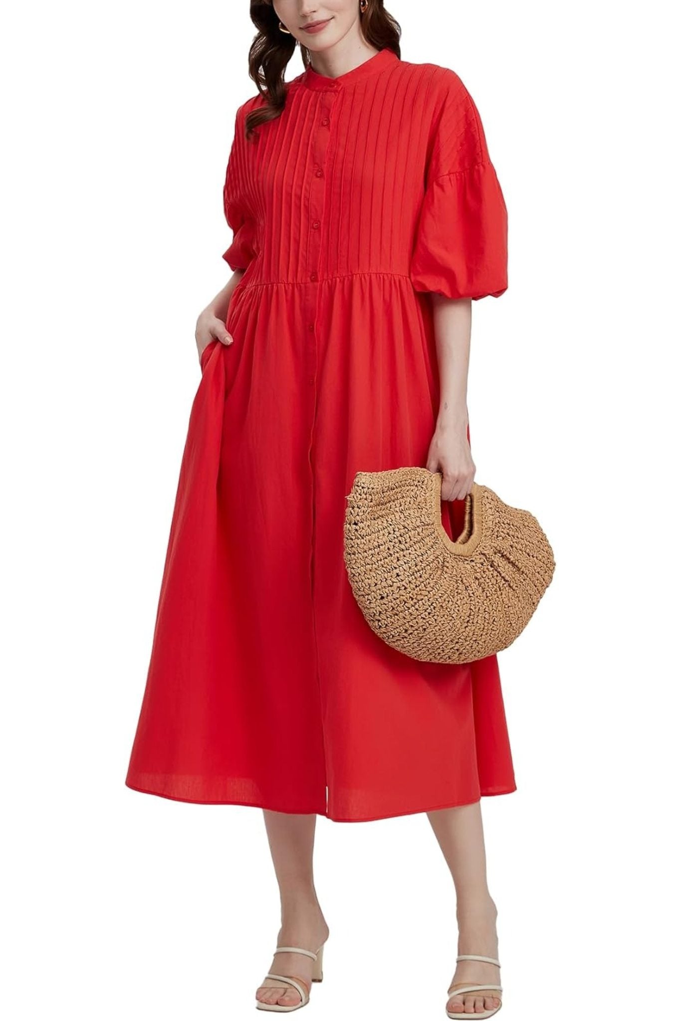 Ladyful Pleated Puff Sleeve Button-Down Midi Shirt Dress With Belt