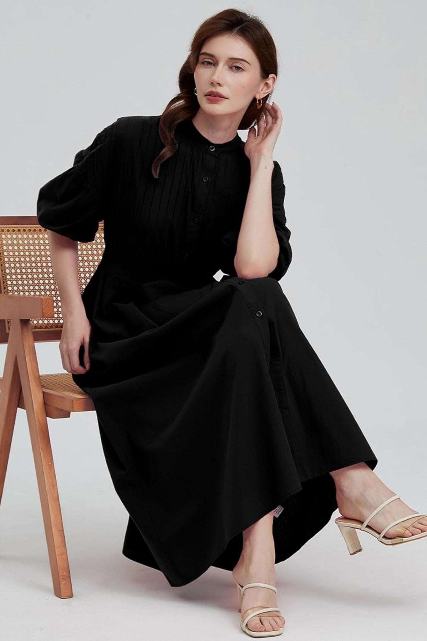 Ladyful Pleated Puff Sleeve Button-Down Midi Shirt Dress With Belt