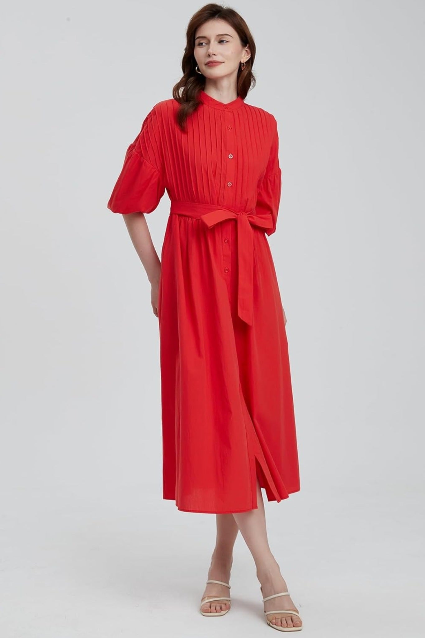 Ladyful Pleated Puff Sleeve Button-Down Midi Shirt Dress With Belt