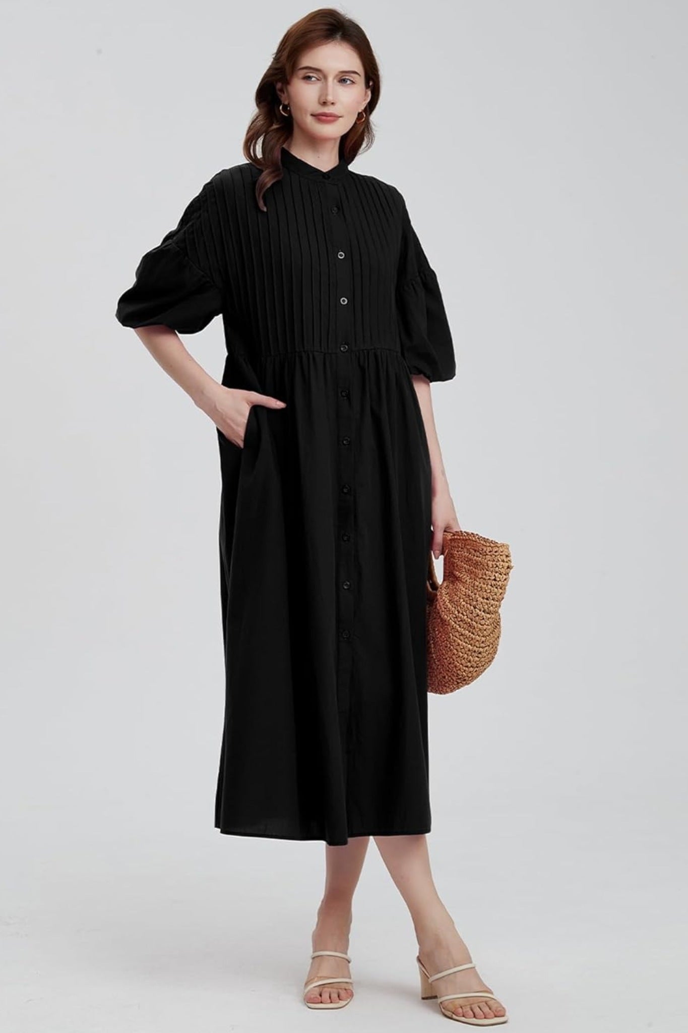 Ladyful Pleated Puff Sleeve Button-Down Midi Shirt Dress With Belt