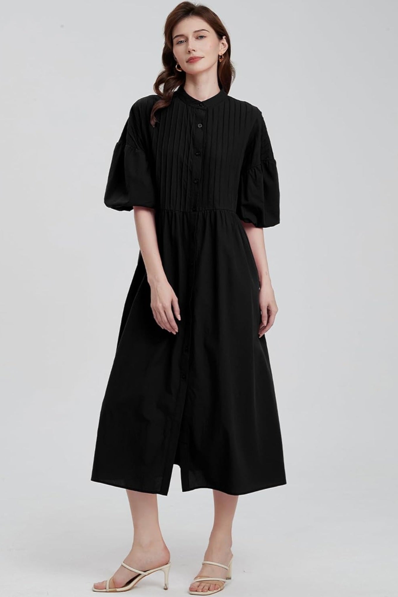 Ladyful Pleated Puff Sleeve Button-Down Midi Shirt Dress With Belt