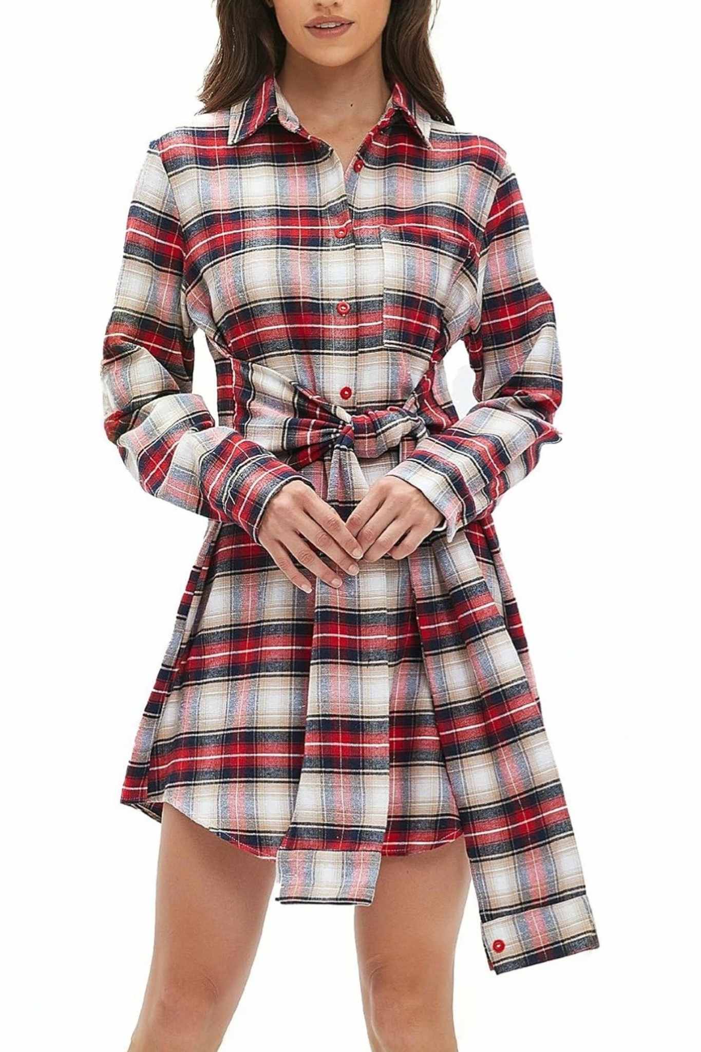 Lifeshe Tie Plaid Shirt Dress