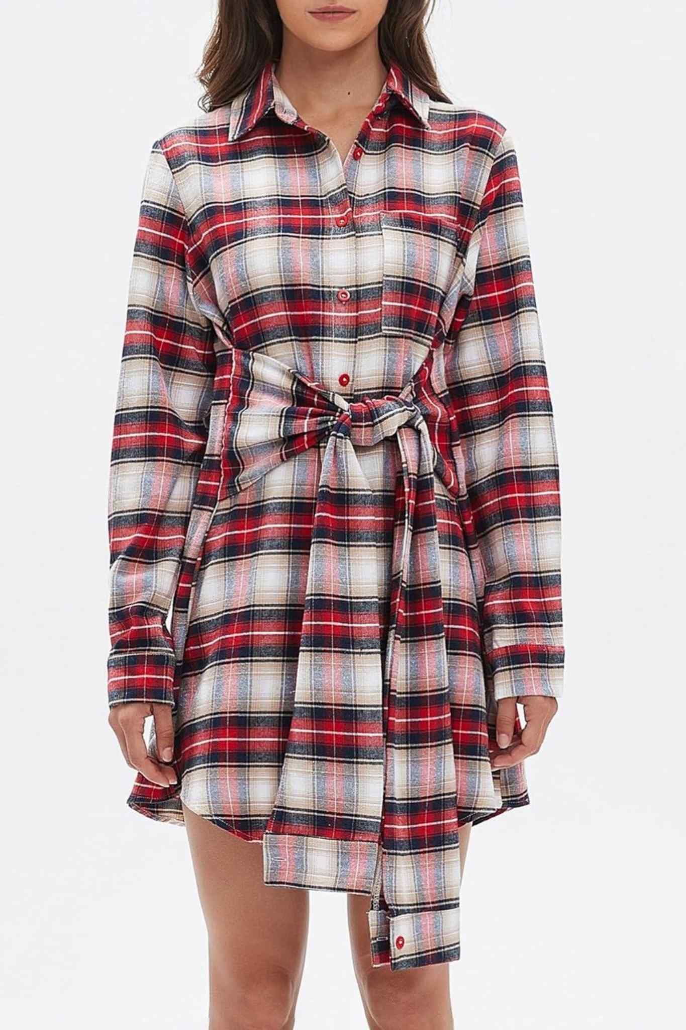 Lifeshe Tie Plaid Shirt Dress