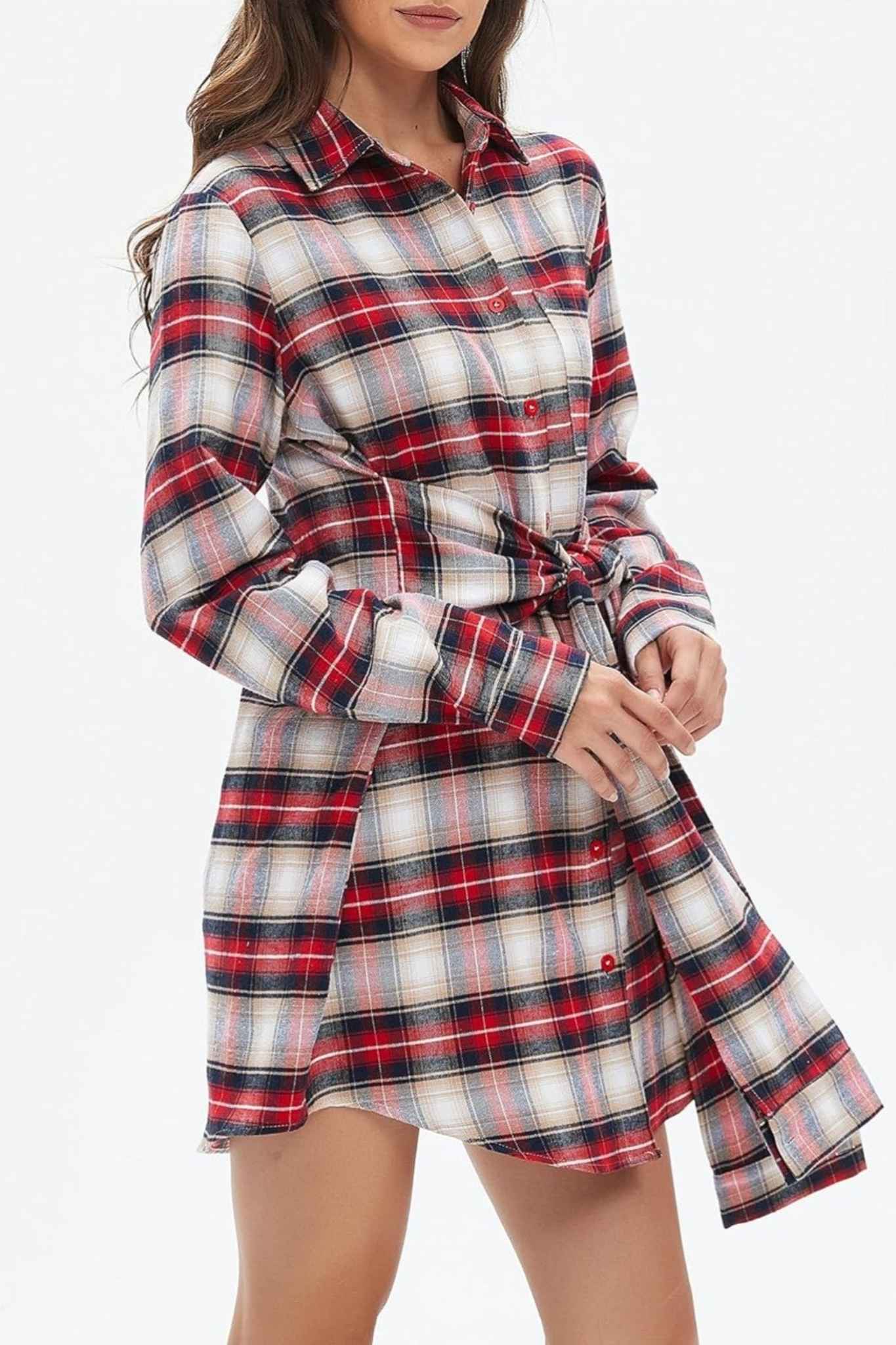 Lifeshe Tie Plaid Shirt Dress