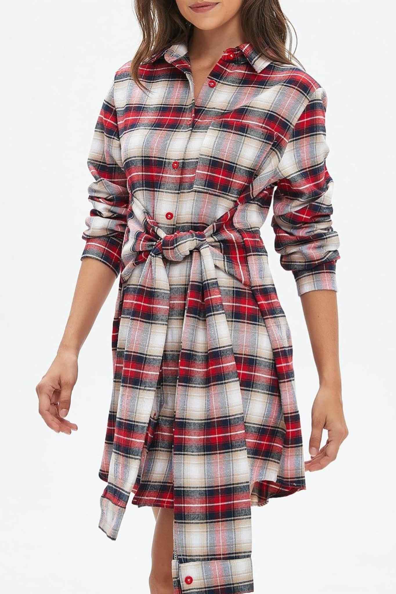 Lifeshe Tie Plaid Shirt Dress