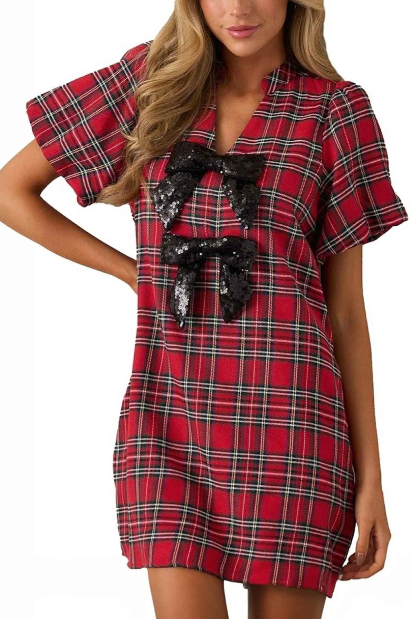Lifeshe Bow Front Lantern Sleeve Plaid Shift Dress With Pocket