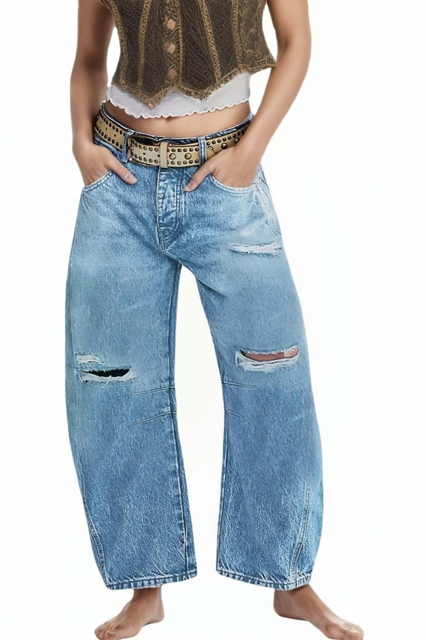 Lifeshe Low Rise Ripped Boyfriend Barrel Jeans