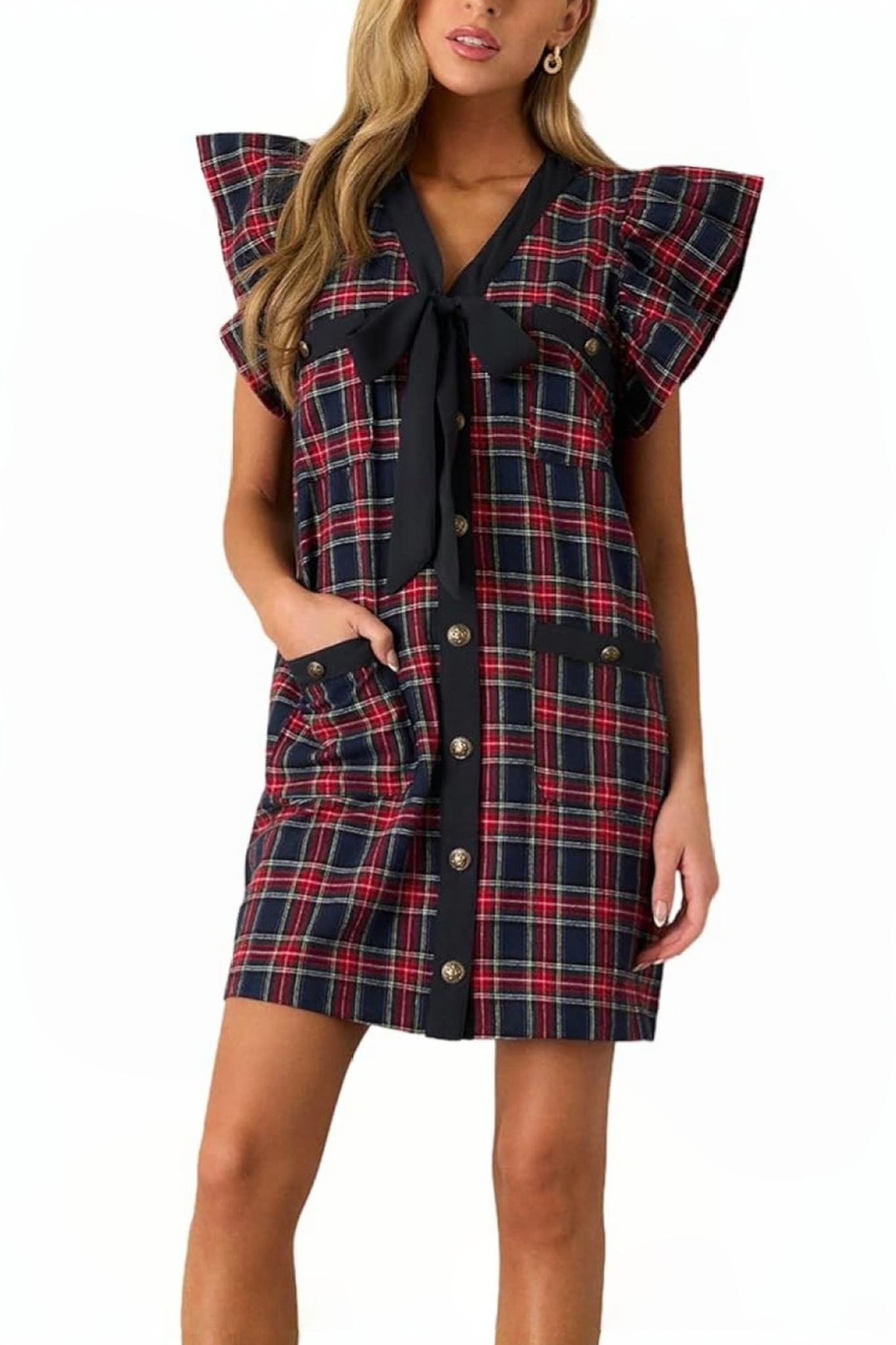 Lifeshe Bow Front Ruffle Sleeve Plaid Shift Dress With Pockets