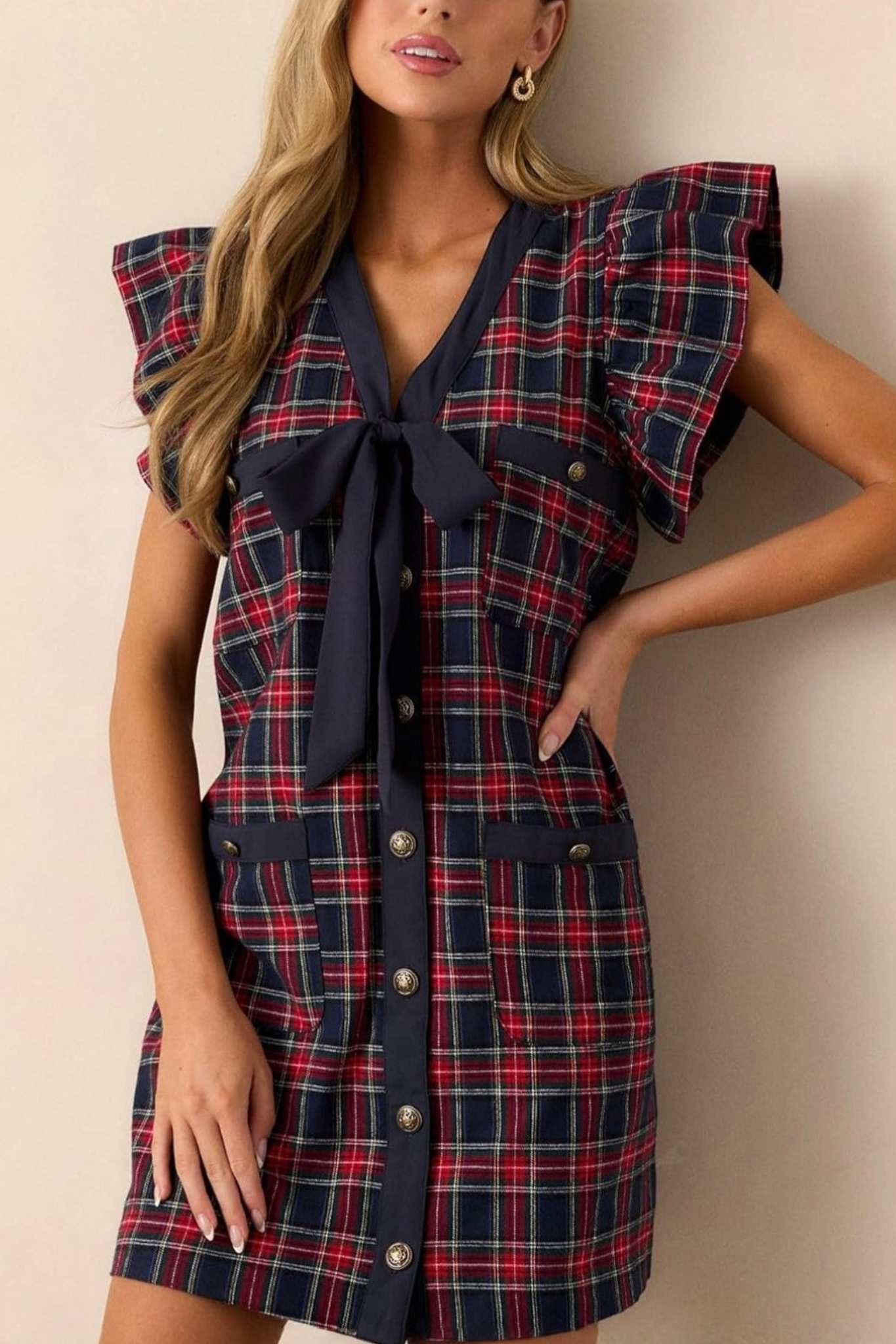 Lifeshe Bow Front Ruffle Sleeve Plaid Shift Dress With Pockets