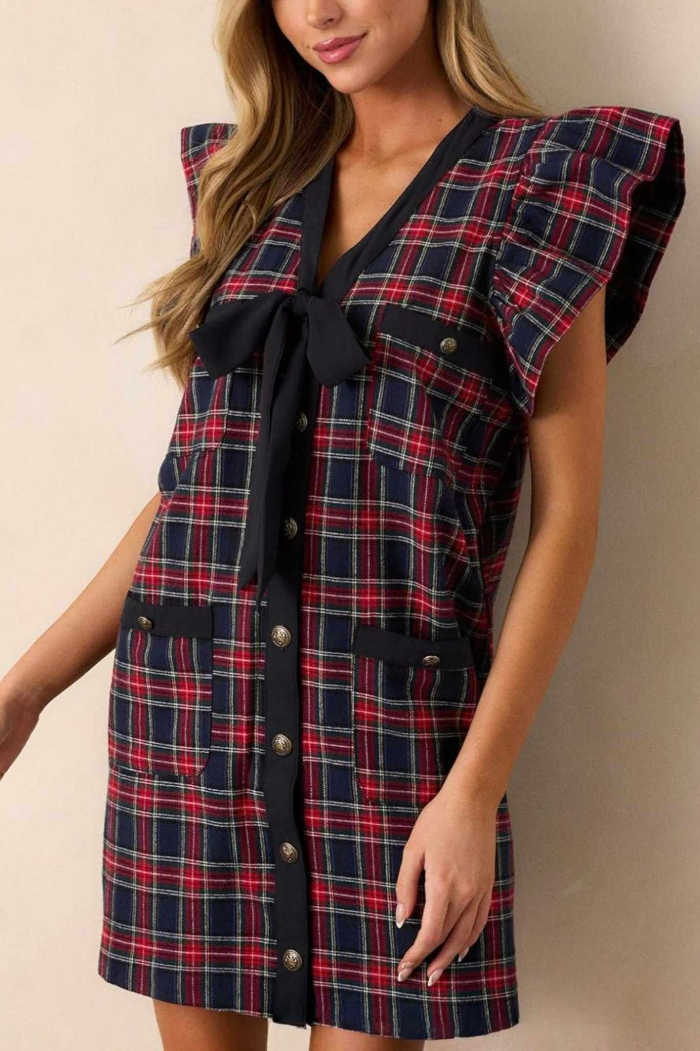 Lifeshe Bow Front Ruffle Sleeve Plaid Shift Dress With Pockets