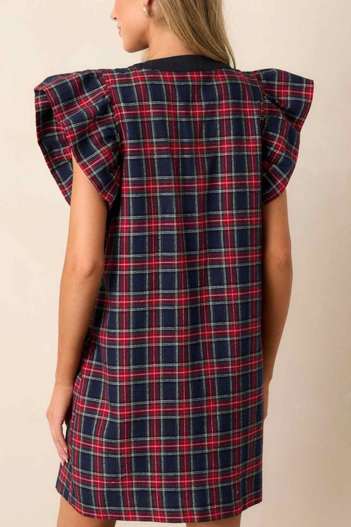 Lifeshe Bow Front Ruffle Sleeve Plaid Shift Dress With Pockets